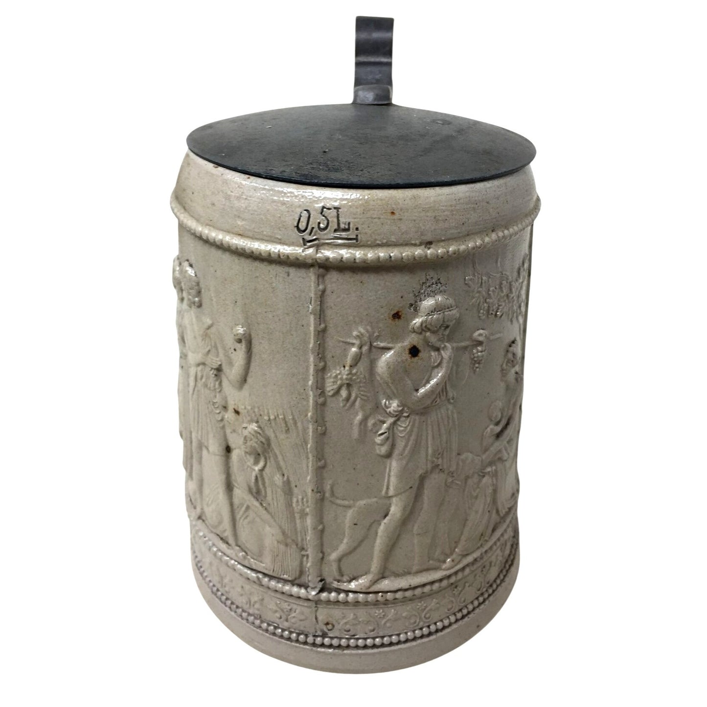 Antique .5 Liter Glazed German Pottery Beer Stein with Lid