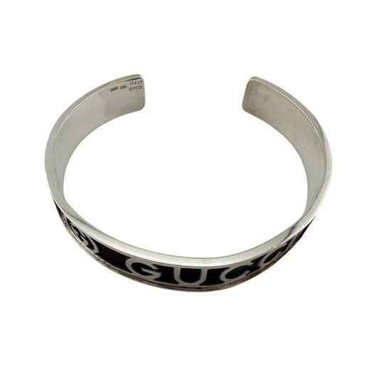 Gucci Black Leather GG Logo Sterling Silver Bangle Bracelet - Vintage! - Gucci - Bracelet - A+ Stuff