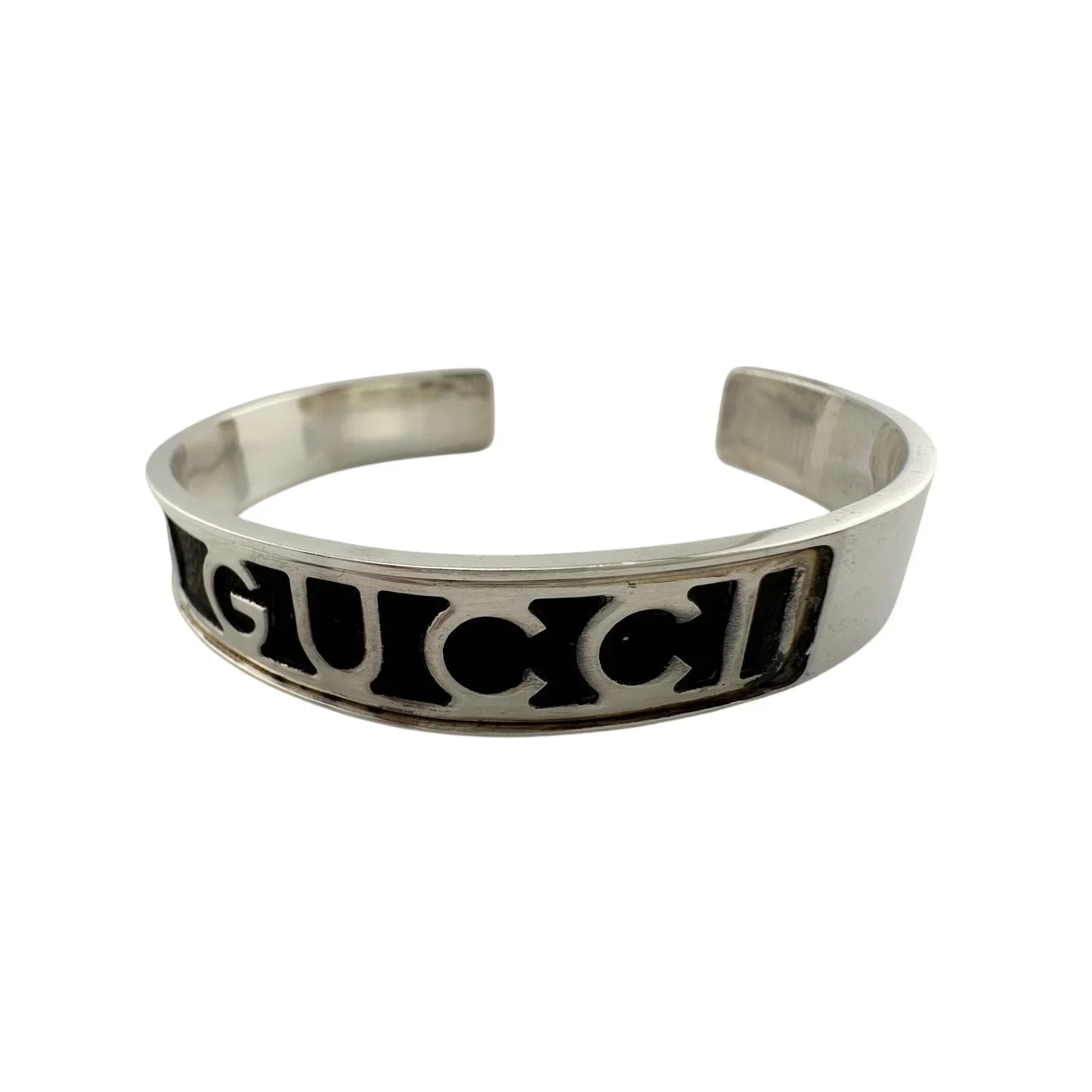 Gucci Black Leather GG Logo Sterling Silver Bangle Bracelet - Vintage! - Gucci - Bracelet - A+ Stuff