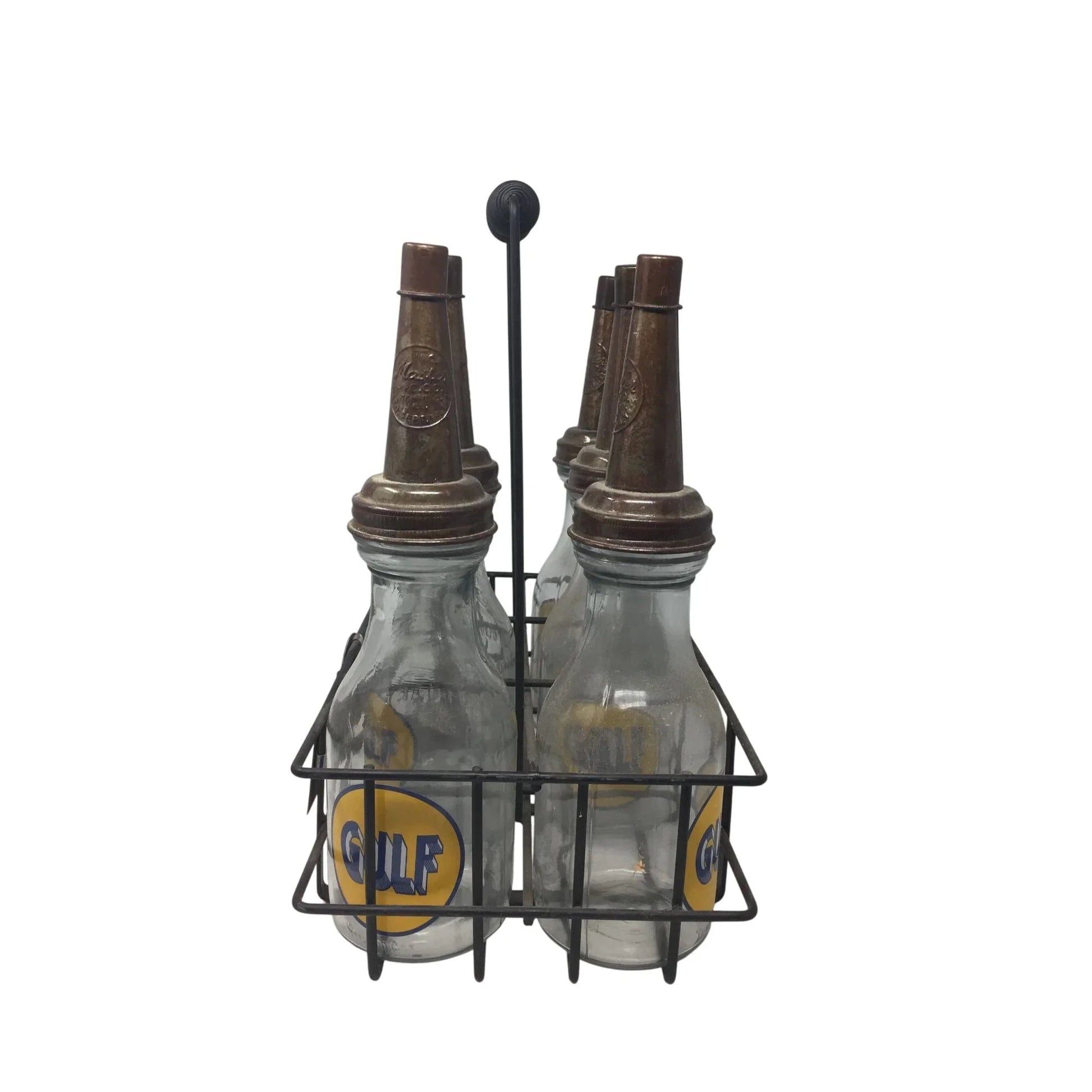 GULF Oil Glass Bottles with Metal Carrier (5 bottles, 6 lids) - GULF - Automobilia - A+ Stuff