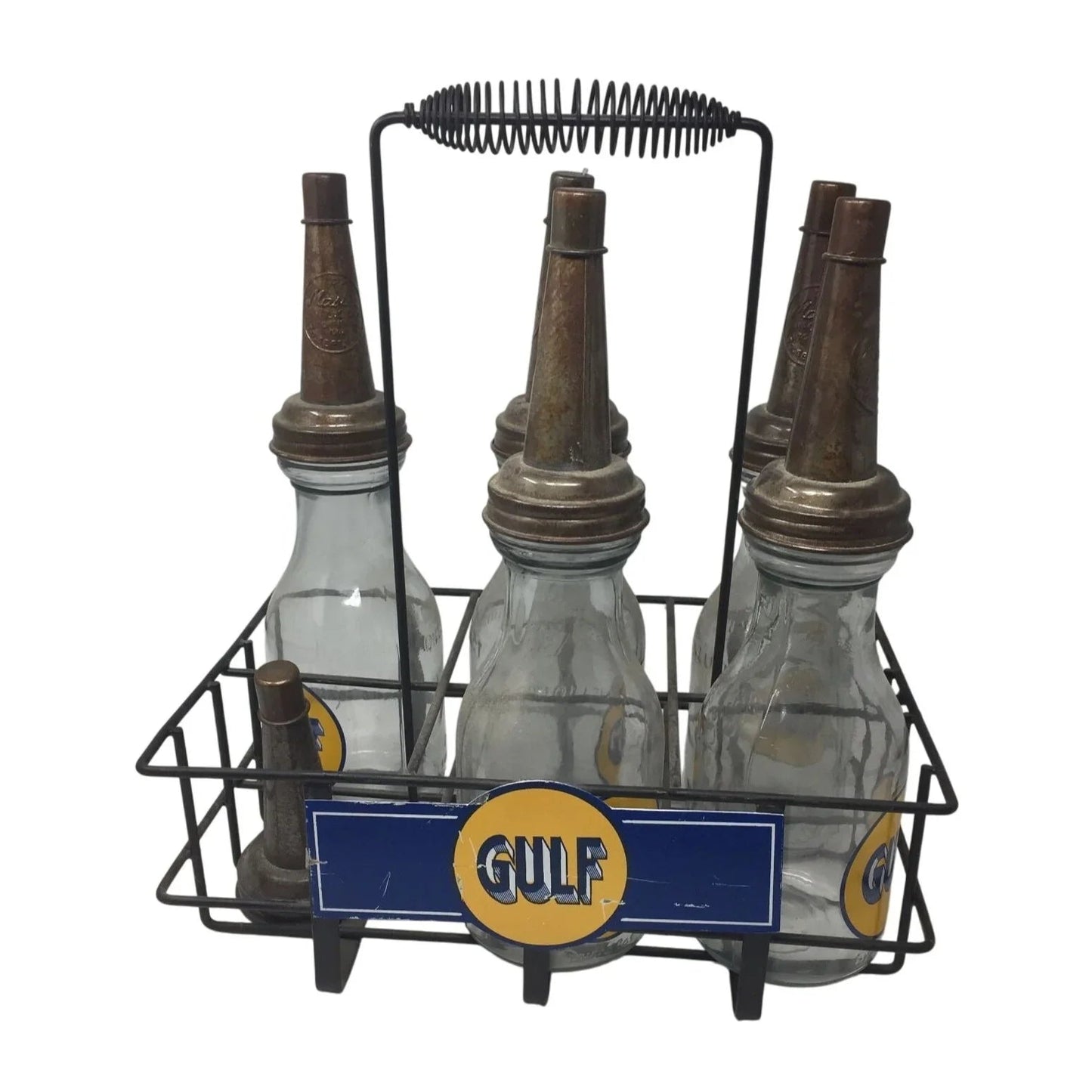 GULF Oil Glass Bottles with Metal Carrier (5 bottles, 6 lids) - GULF - Automobilia - A+ Stuff