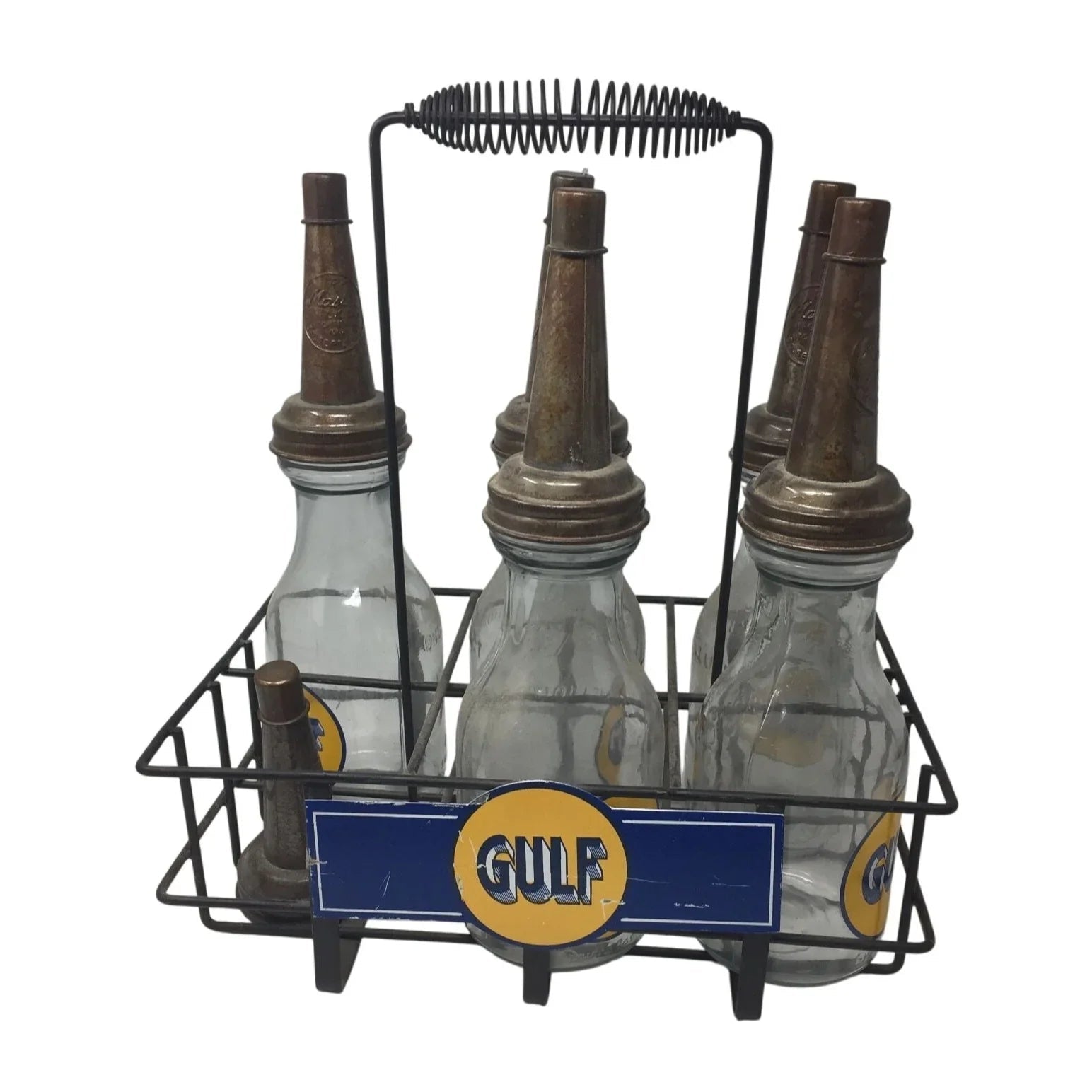 GULF Oil Glass Bottles with Metal Carrier (5 bottles, 6 lids) - GULF - Automobilia - A+ Stuff