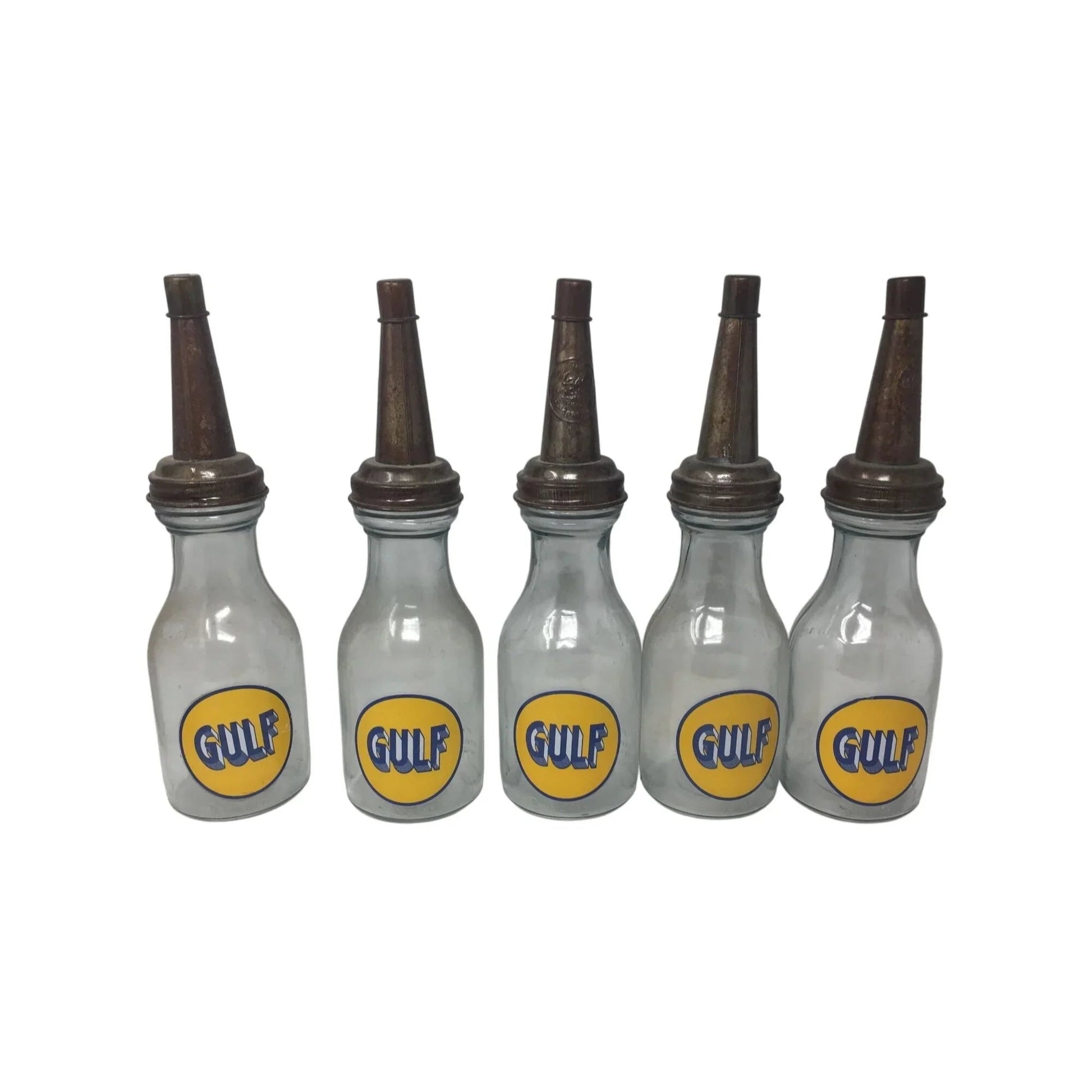 GULF Oil Glass Bottles with Metal Carrier (5 bottles, 6 lids) - GULF - Automobilia - A+ Stuff