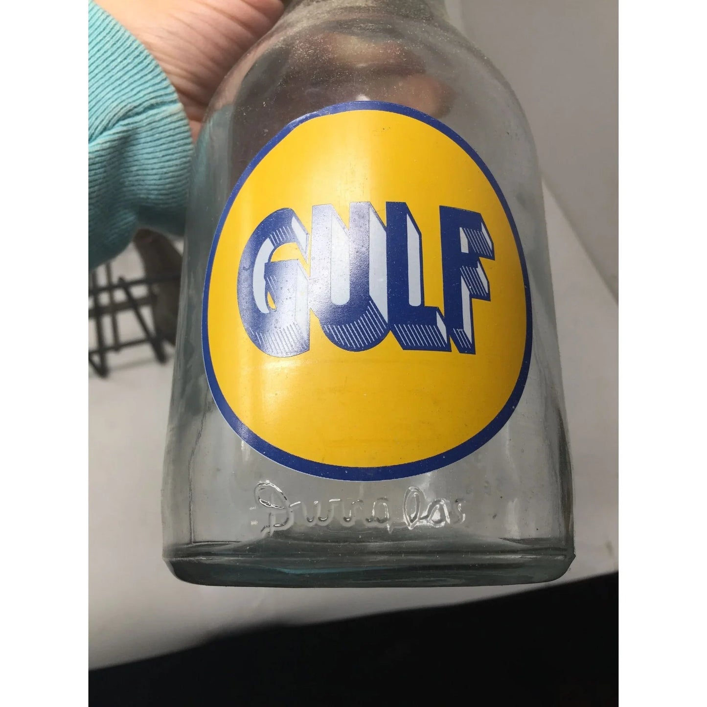 GULF Oil Glass Bottles with Metal Carrier (5 bottles, 6 lids) - GULF - Automobilia - A+ Stuff