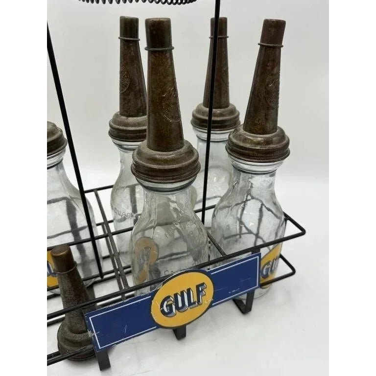 GULF Oil Glass Bottles with Metal Carrier (5 bottles, 6 lids) - GULF - Automobilia - A+ Stuff