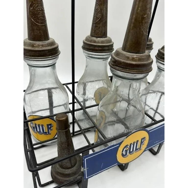 GULF Oil Glass Bottles with Metal Carrier (5 bottles, 6 lids) - GULF - Automobilia - A+ Stuff