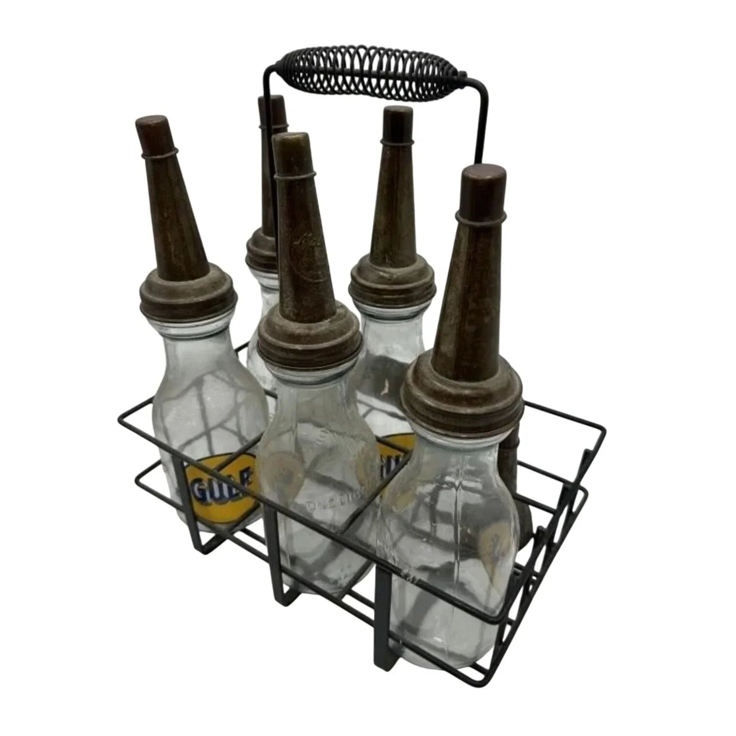 GULF Oil Glass Bottles with Metal Carrier (5 bottles, 6 lids) - GULF - Automobilia - A+ Stuff
