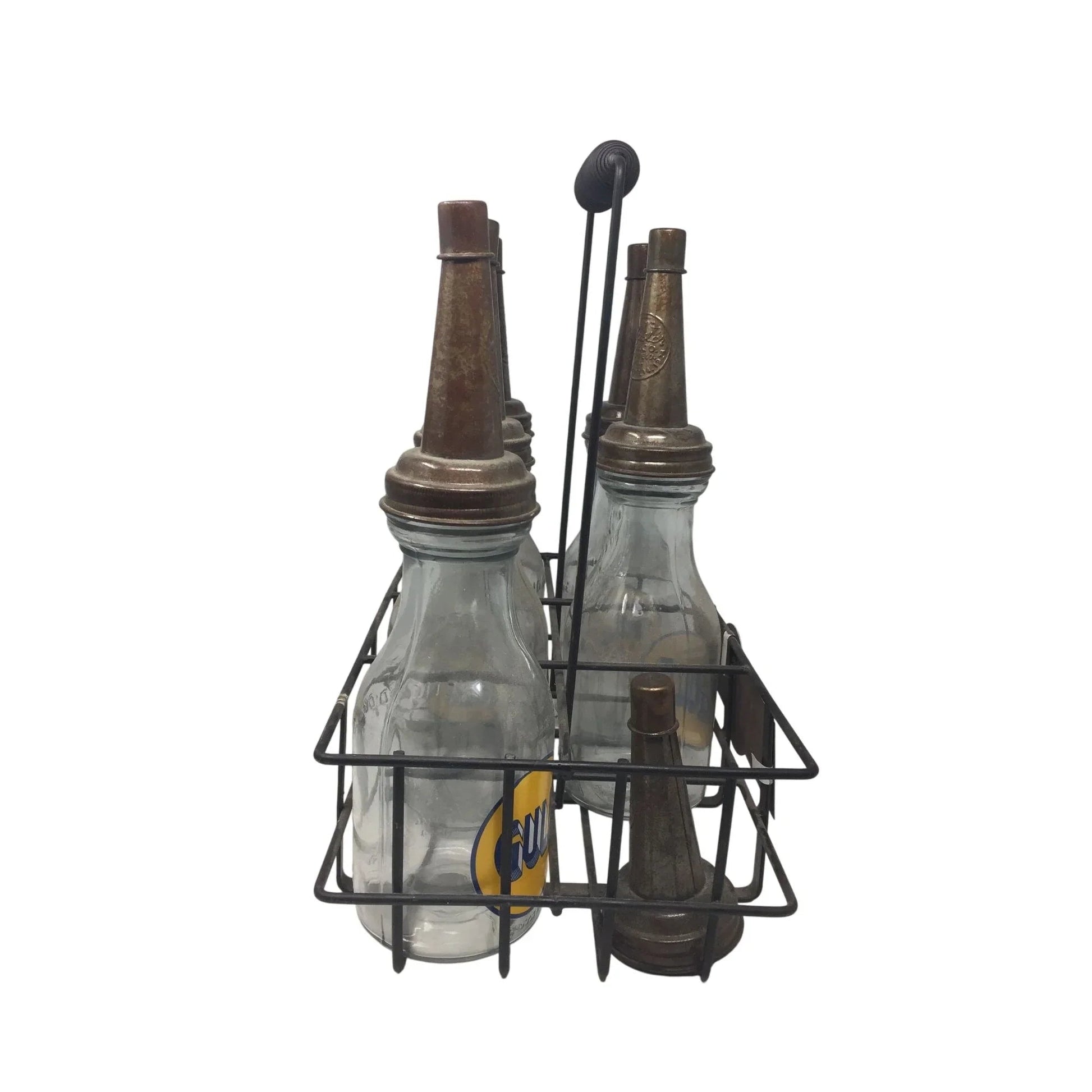 GULF Oil Glass Bottles with Metal Carrier (5 bottles, 6 lids) - GULF - Automobilia - A+ Stuff