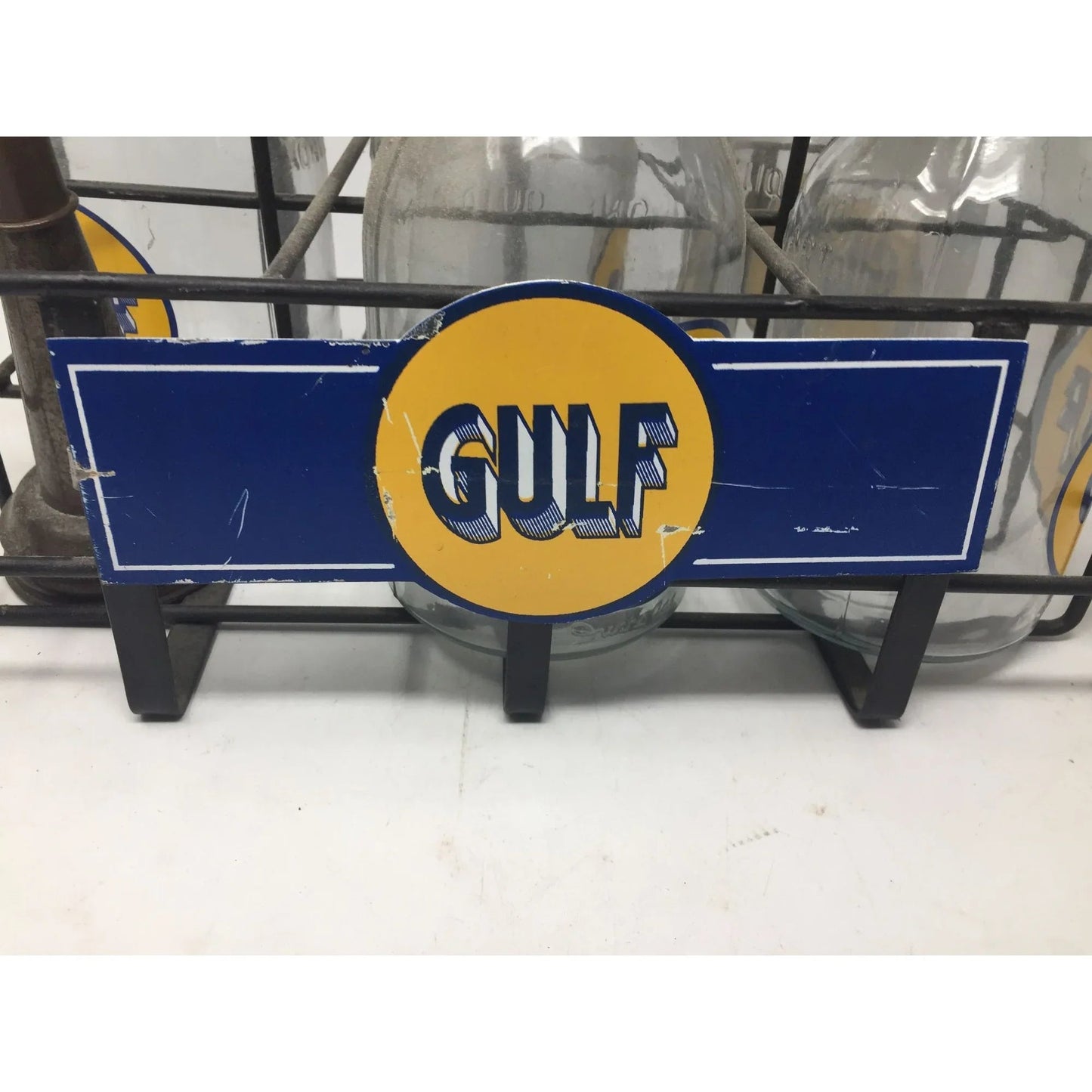 GULF Oil Glass Bottles with Metal Carrier (5 bottles, 6 lids) - GULF - Automobilia - A+ Stuff