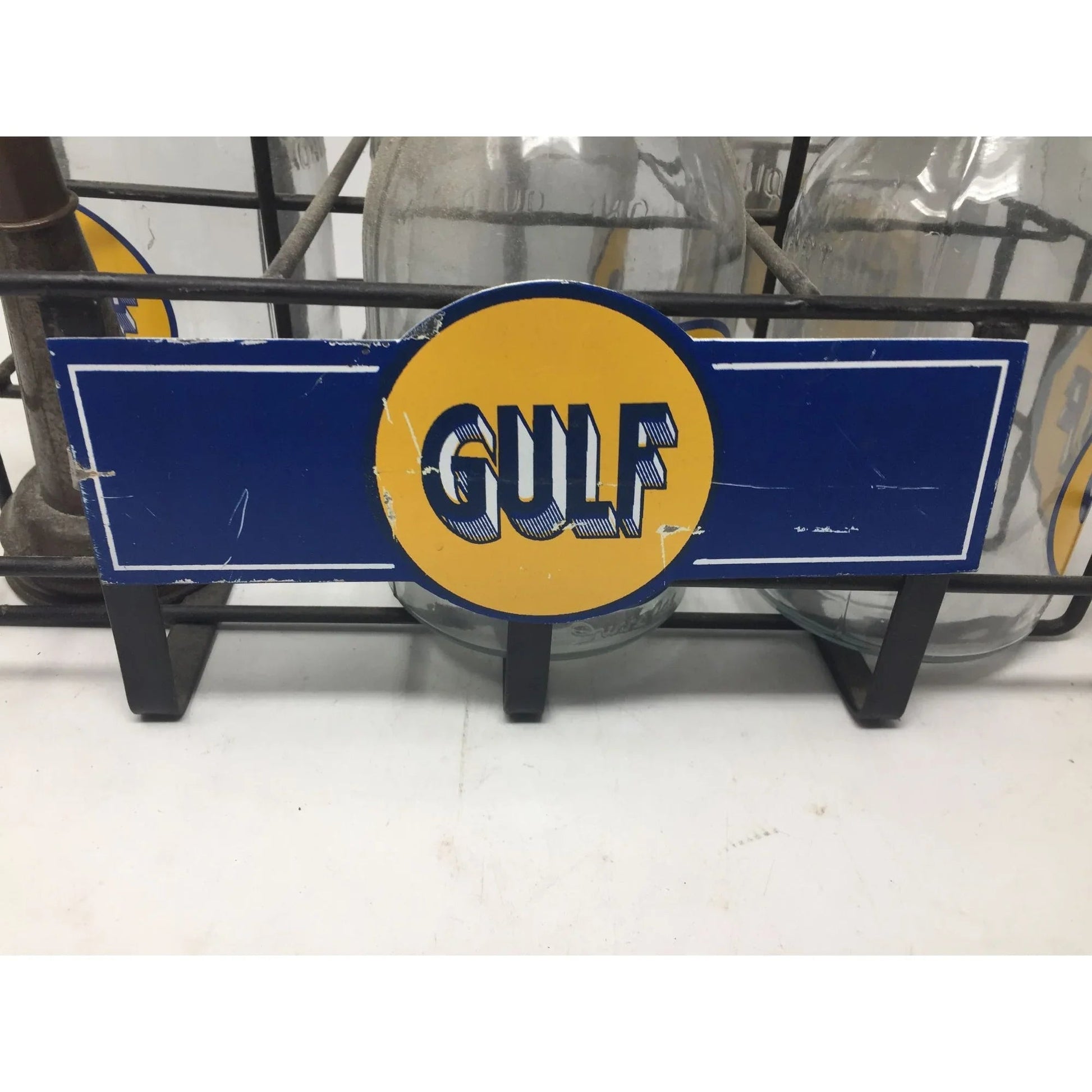 GULF Oil Glass Bottles with Metal Carrier (5 bottles, 6 lids) - GULF - Automobilia - A+ Stuff