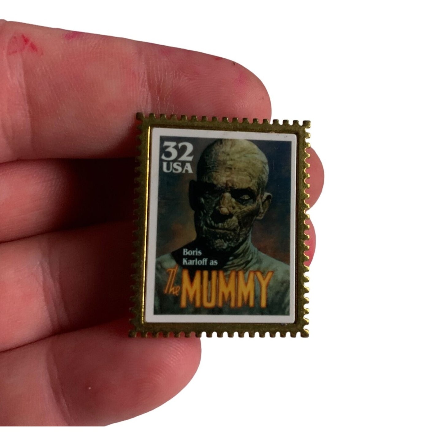 The Mummy Boris Karloff Classic Movie Monsters Vintage Postage Stamp Pin