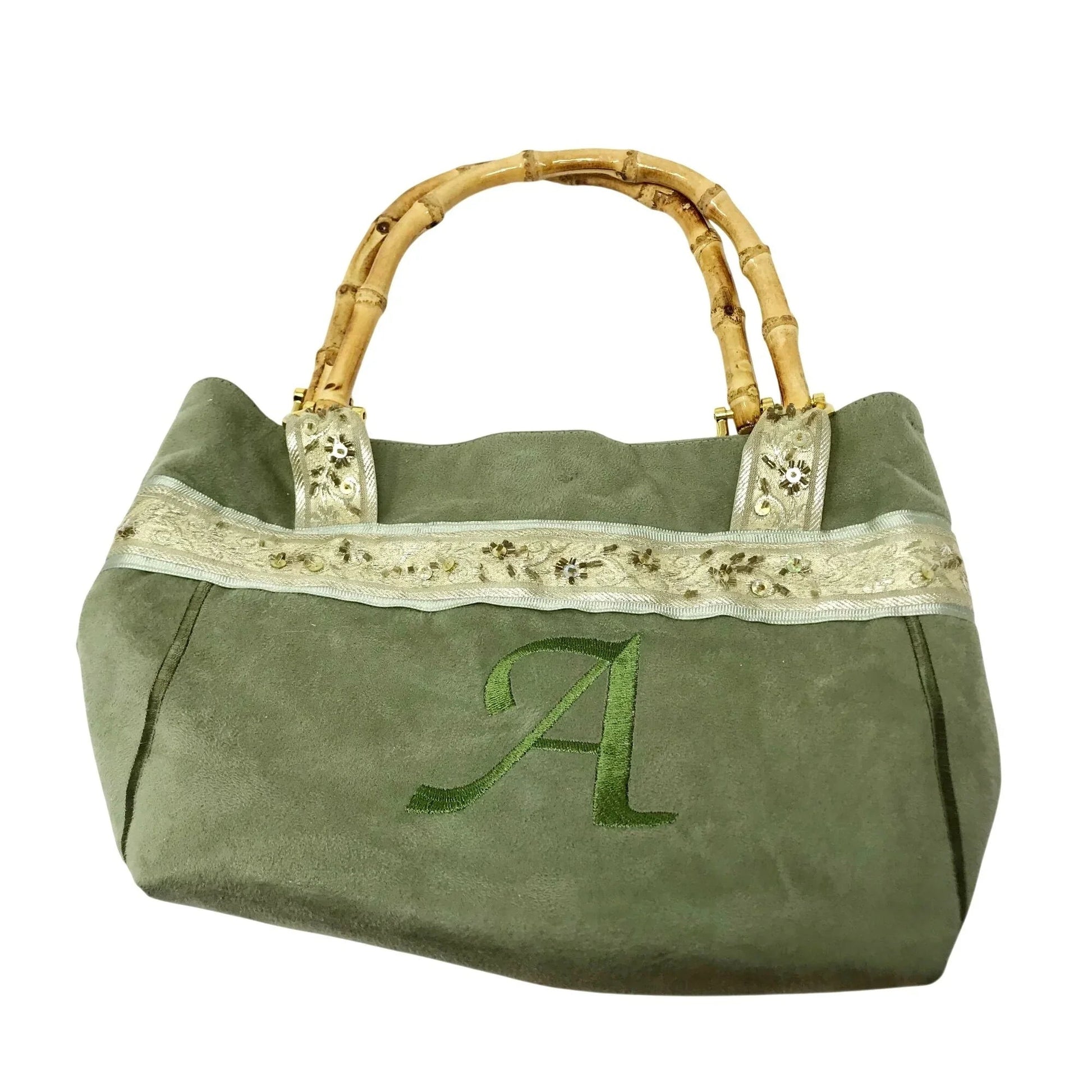 HandBag with monogrammed Uppercase A - Floral Motif with Bamboo Straps - Unbranded - A+ Stuff