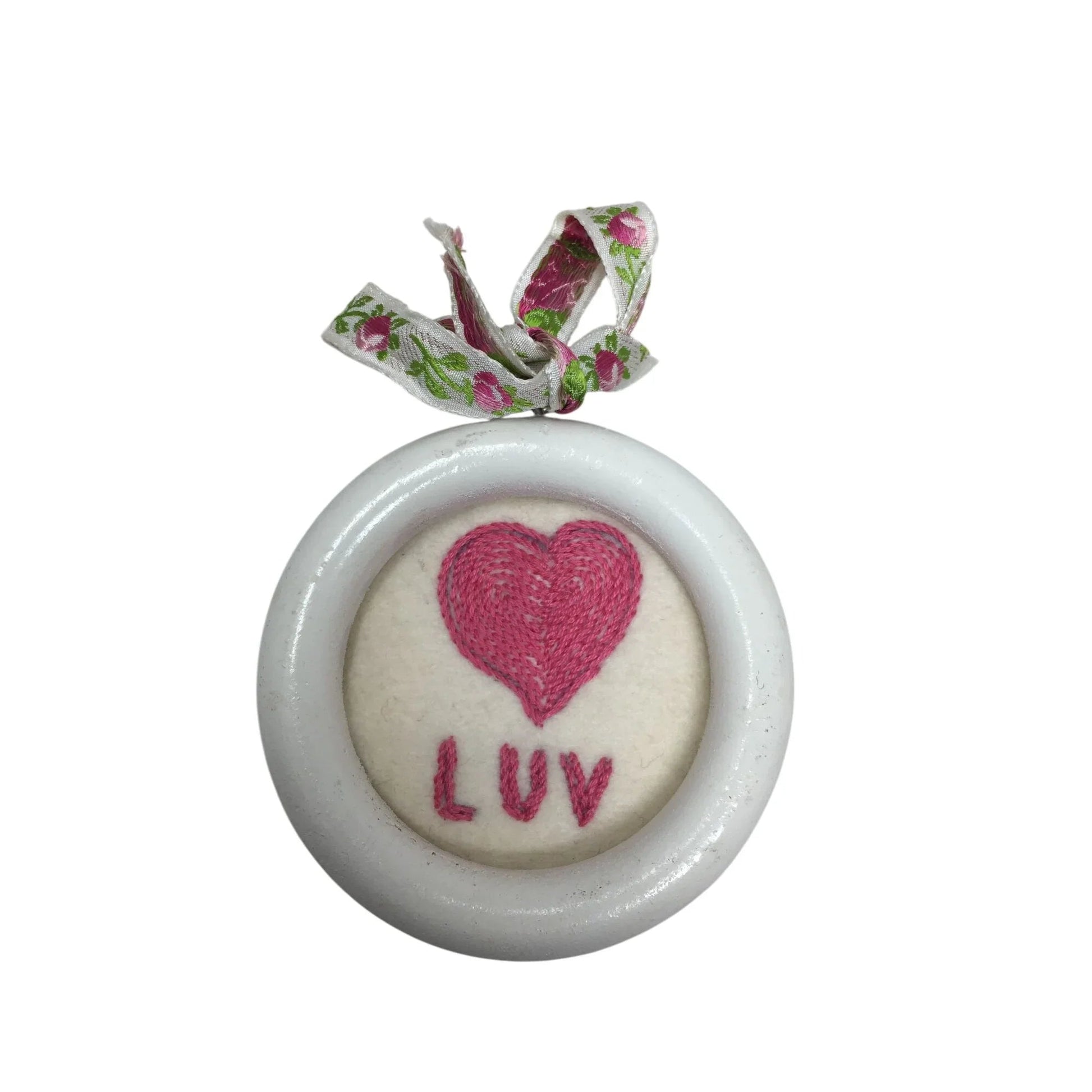 Handmade White and Pink ''LUV'' Ornament/Decoration with Floral Ribbon - A+ Stuff - Holiday Ornaments - A+ Stuff