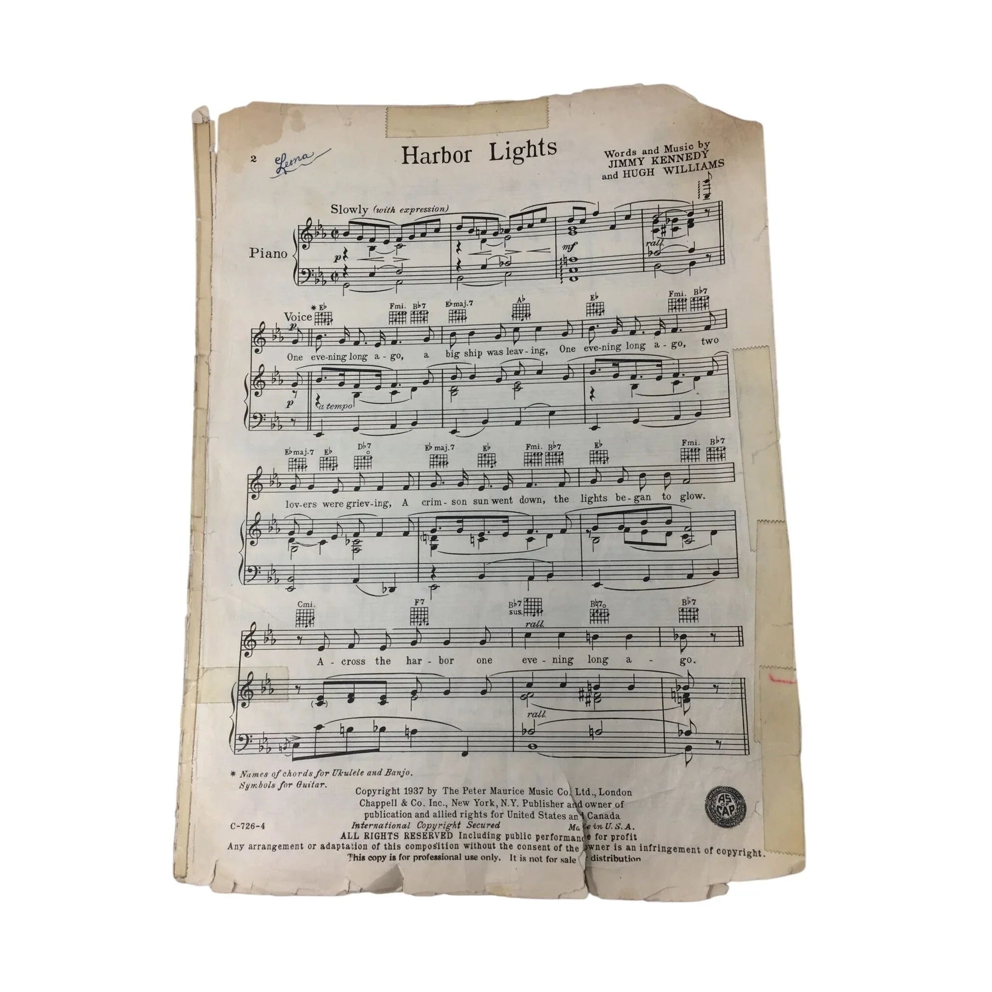 ''HARBOR LIGHTS'' SHEET MUSIC BY JIMMY KENNEDY AND HUGH WILLIAMS - A+ Stuff - SHEET MUSIC - A+ Stuff