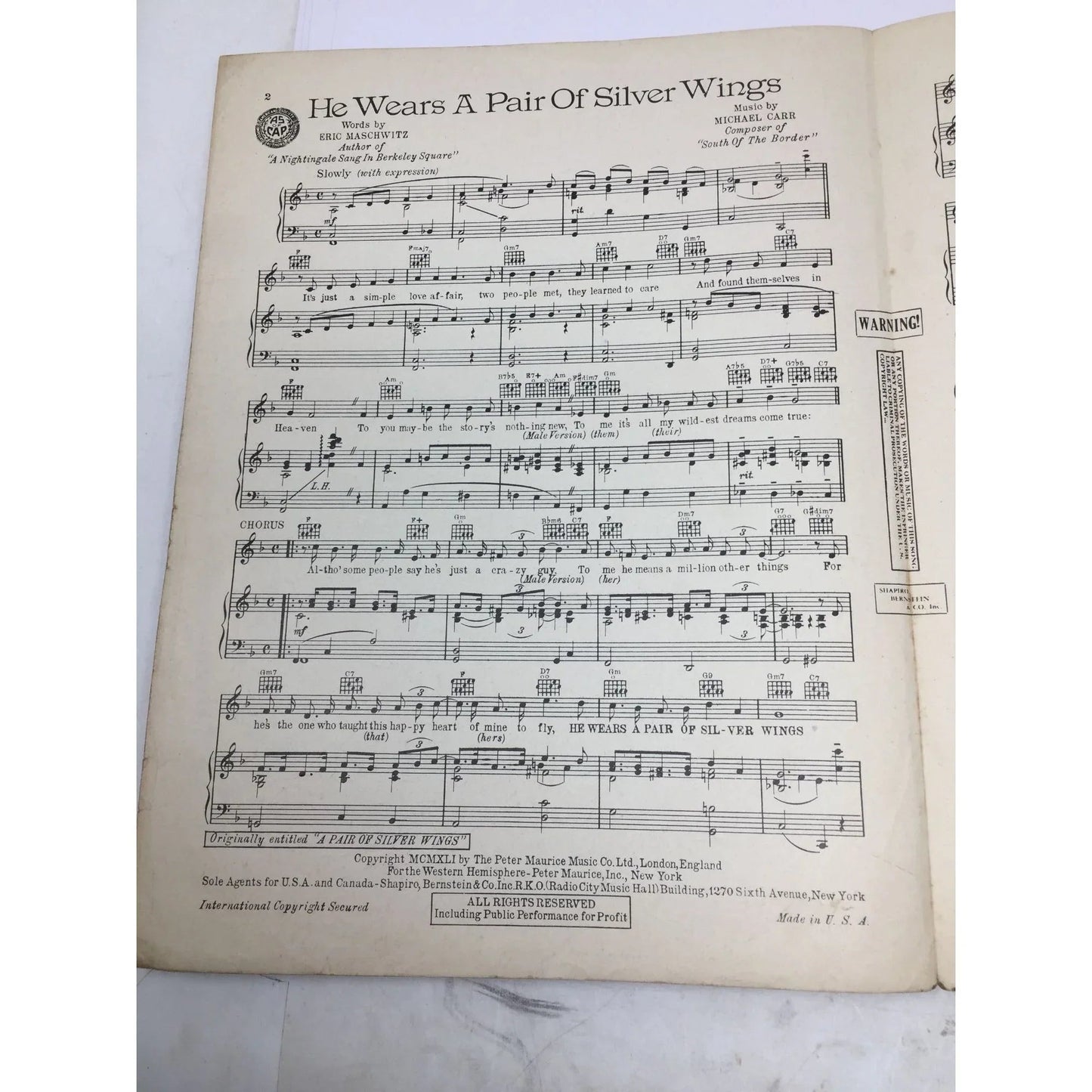 ''He Wears A Pair of Silver Wings'' by Eric Maschwitz and Michael Carr - A+ Stuff - SHEET MUSIC - A+ Stuff