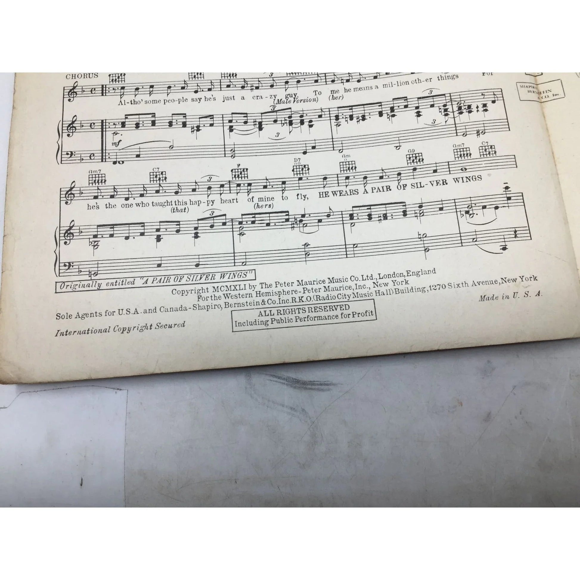 ''He Wears A Pair of Silver Wings'' by Eric Maschwitz and Michael Carr - A+ Stuff - SHEET MUSIC - A+ Stuff