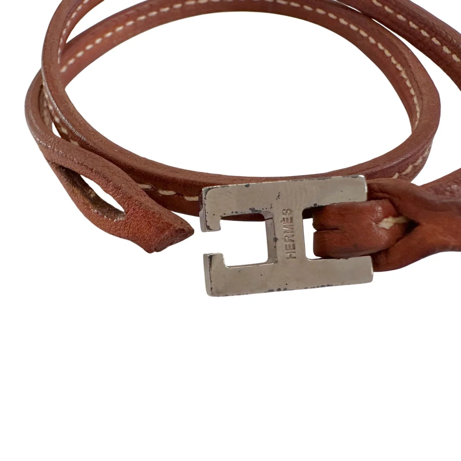 Hermes Tillet Leather Double Wrap Bracelet (Brown w White Stitching) - Hermès - Bracelet - A+ Stuff