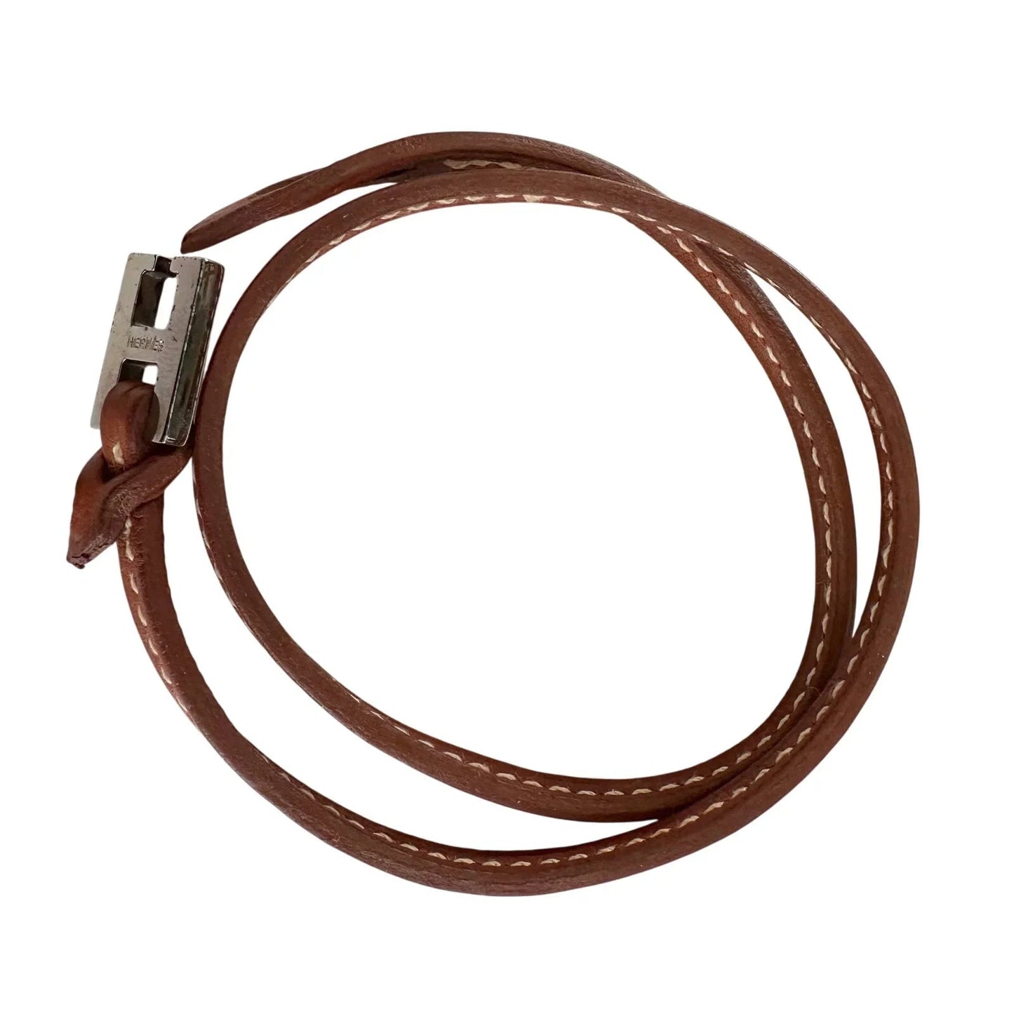 Hermes Tillet Leather Double Wrap Bracelet (Brown w White Stitching) - Hermès - Bracelet - A+ Stuff