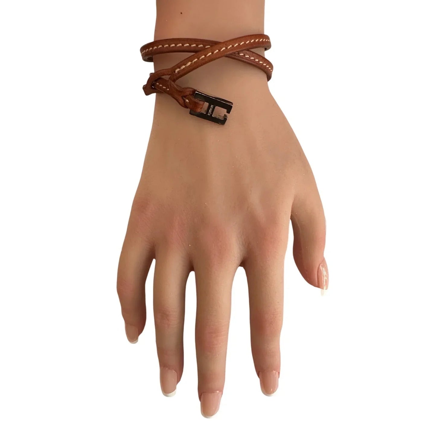 Hermes Tillet Leather Double Wrap Bracelet (Brown w White Stitching) - Hermès - Bracelet - A+ Stuff