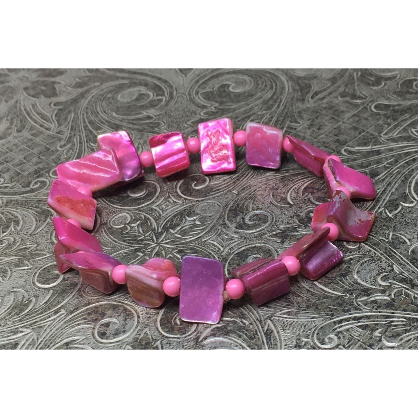 Women's Vibrant Pink Beaded Shell Stretchy Bracelet