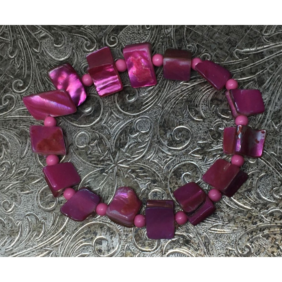 Women's Vibrant Pink Beaded Shell Stretchy Bracelet
