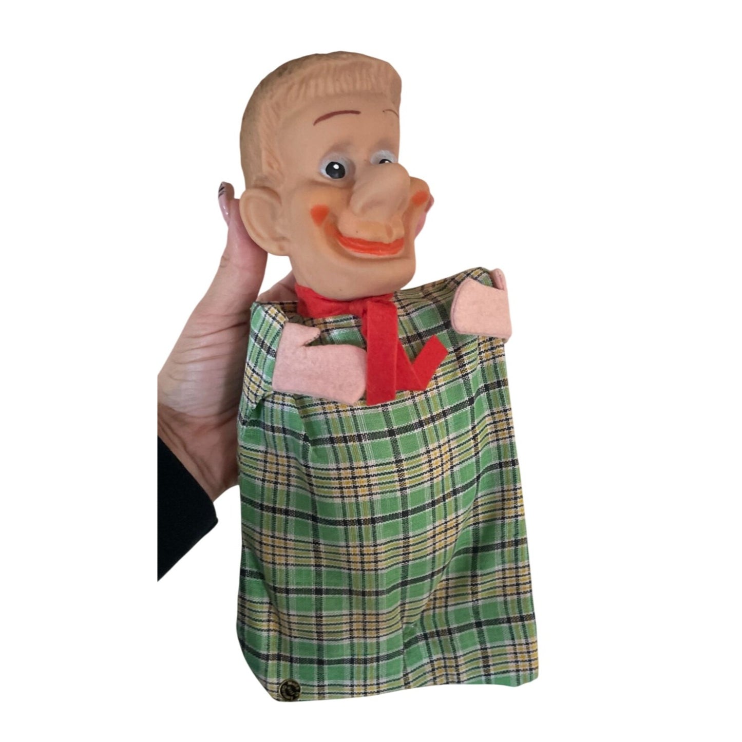 Vintage Hand Puppet - Man Wearing Green Plaid Outfit with Red Bow/tie