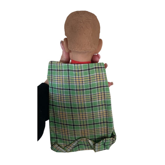 Vintage Hand Puppet - Man Wearing Green Plaid Outfit with Red Bow/tie