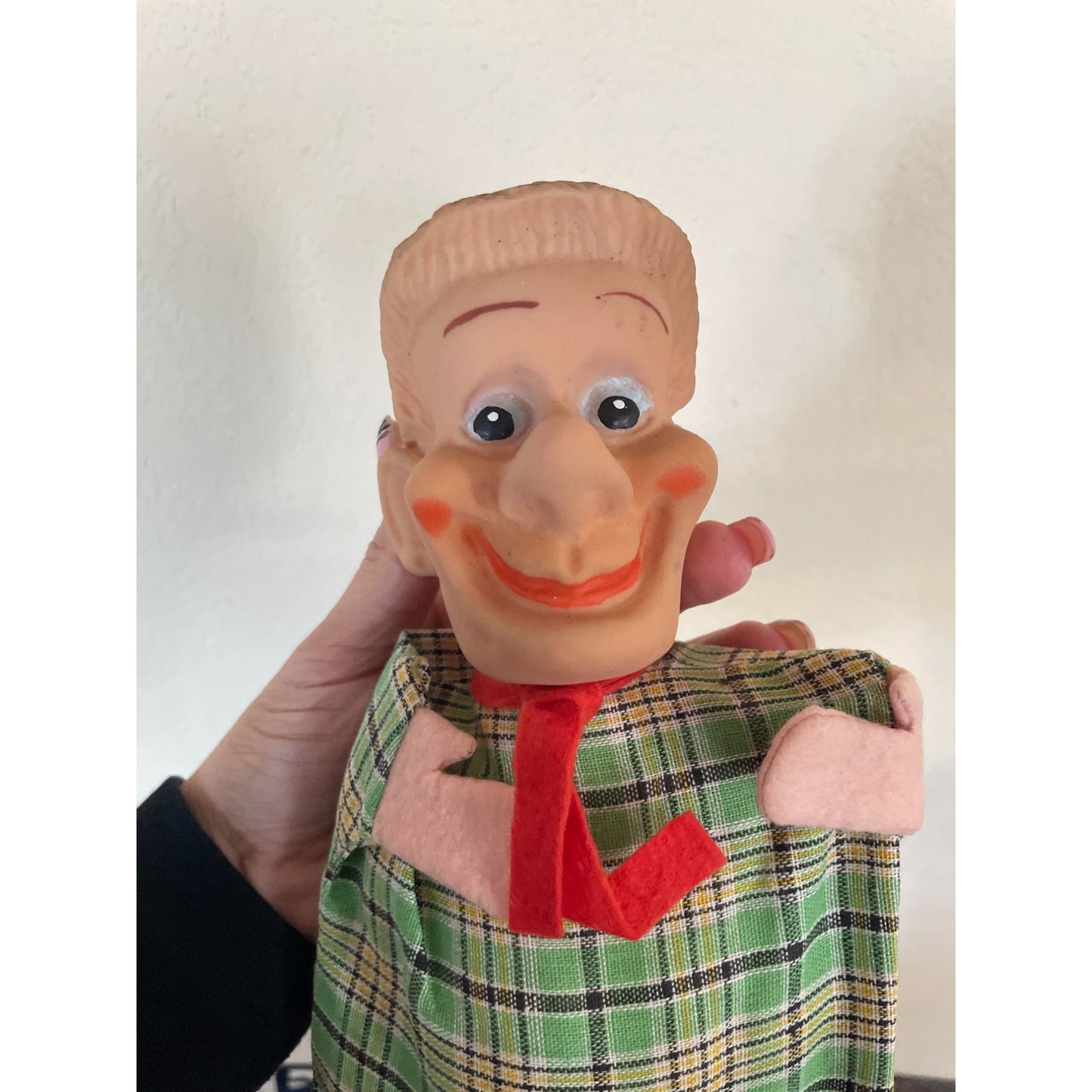 Vintage Hand Puppet - Man Wearing Green Plaid Outfit with Red Bow/tie