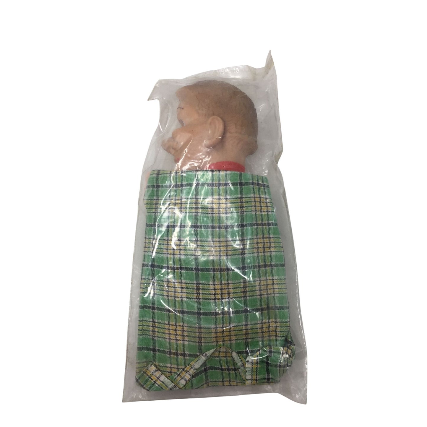 Vintage Hand Puppet - Man Wearing Green Plaid Outfit with Red Bow/tie