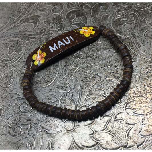 ''MAUI'' Hawaii Hibiscus Flower Souvenir Bracelet with Brown Beads on it