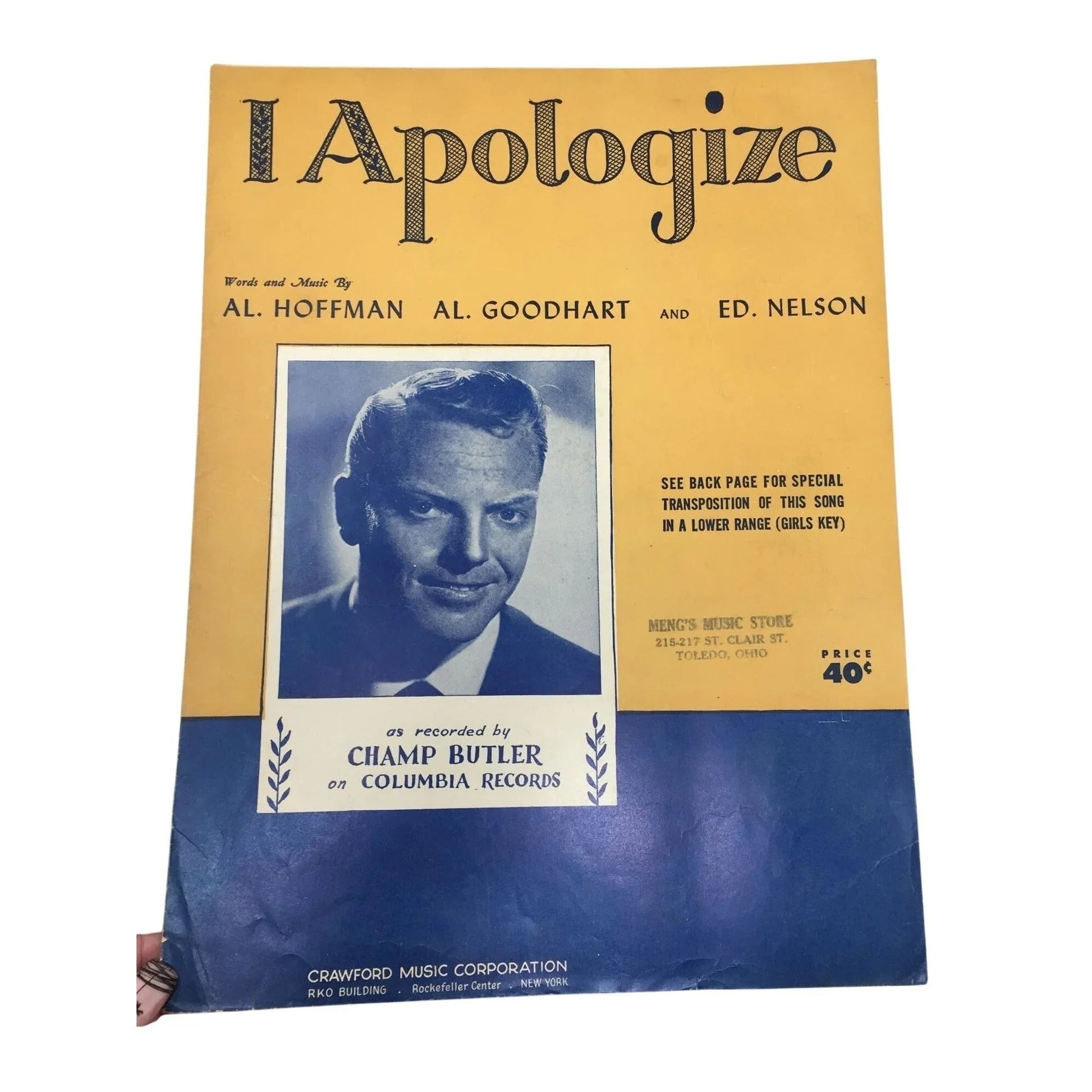 ''I APOLOGIZE'' By Al Hoffman, Al Goodhart, and Ed Nelson - A+ Stuff - SHEET MUSIC - A+ Stuff