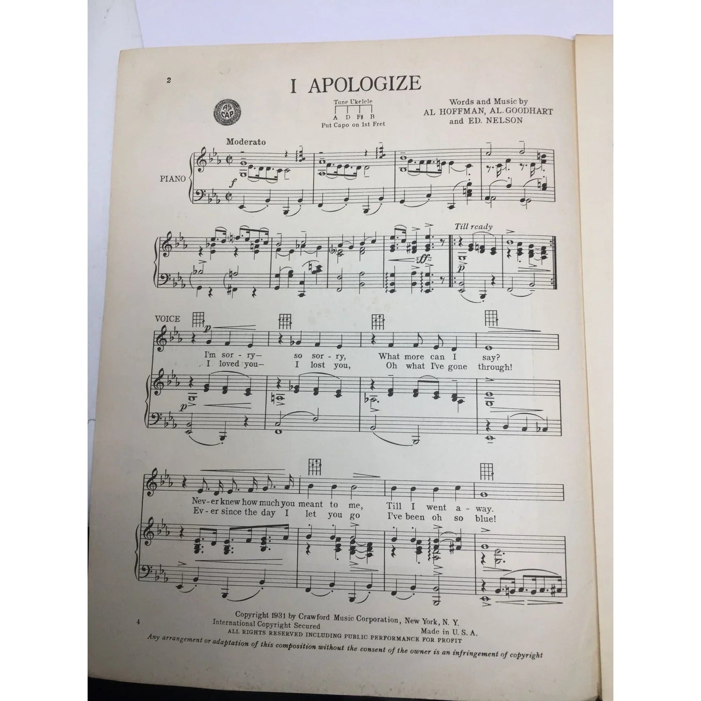 ''I APOLOGIZE'' By Al Hoffman, Al Goodhart, and Ed Nelson - A+ Stuff - SHEET MUSIC - A+ Stuff