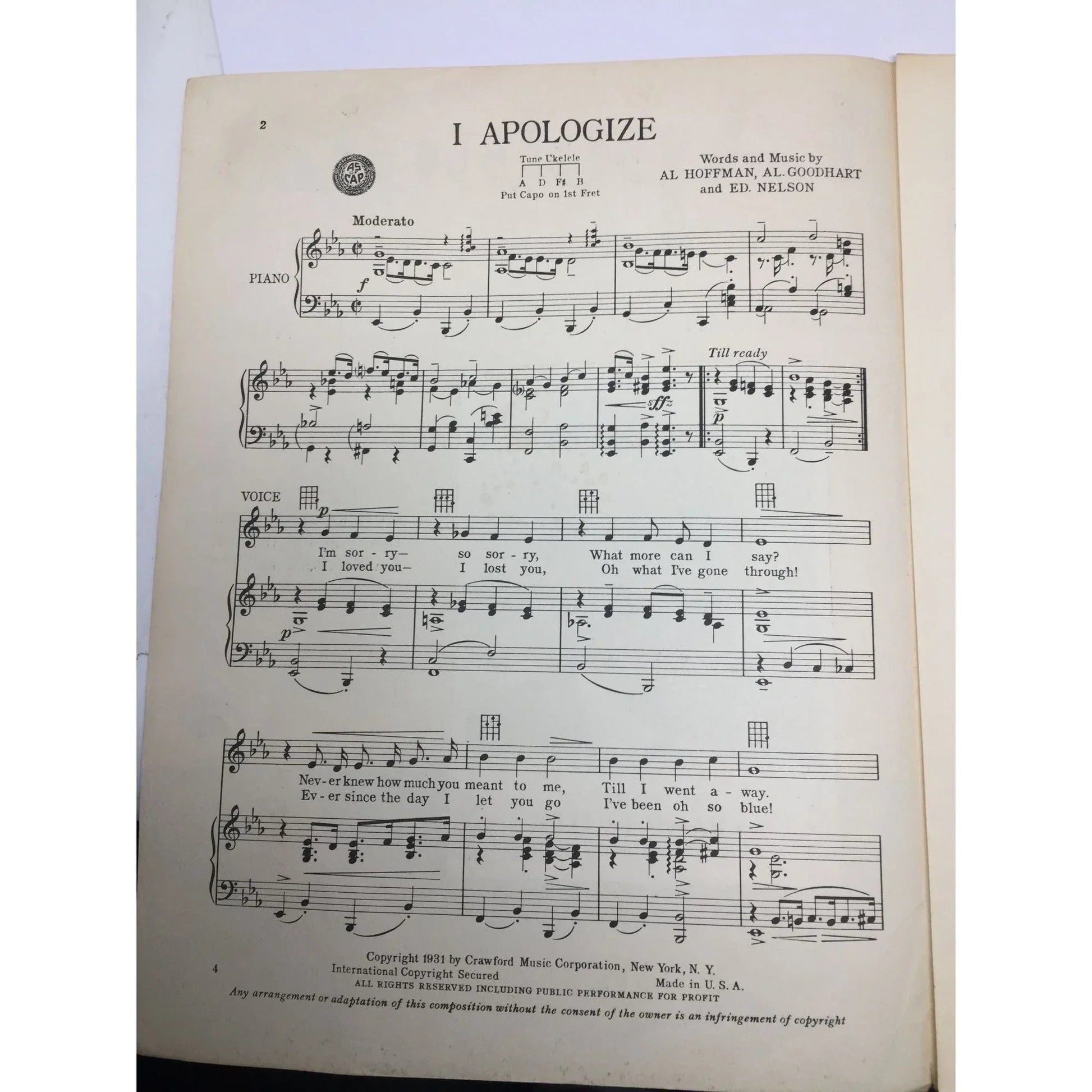 ''I APOLOGIZE'' By Al Hoffman, Al Goodhart, and Ed Nelson - A+ Stuff - SHEET MUSIC - A+ Stuff