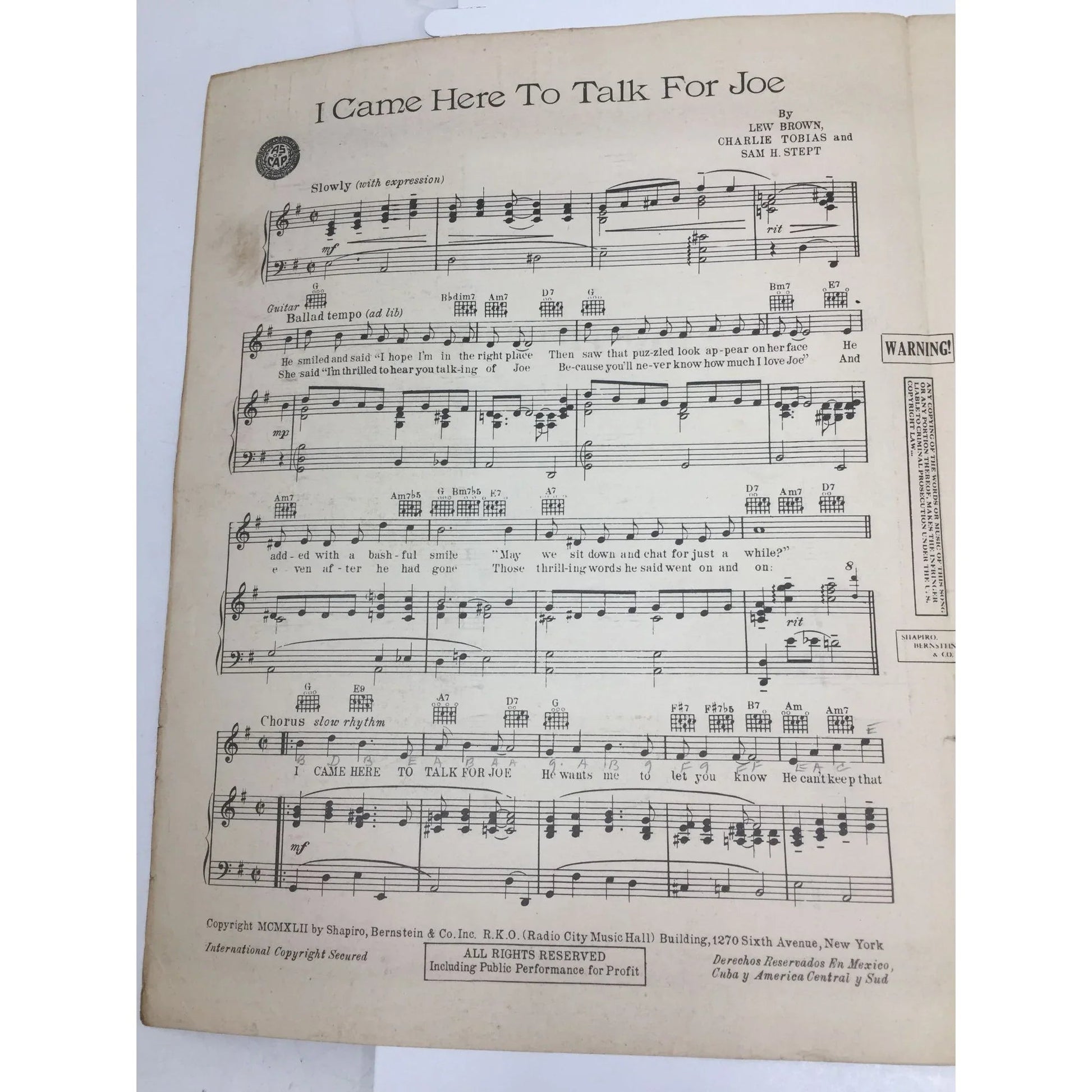 ''I Came Here To Talk For Joe'' Vintage Sheet Music - A+ Stuff - Sheet Music - A+ Stuff