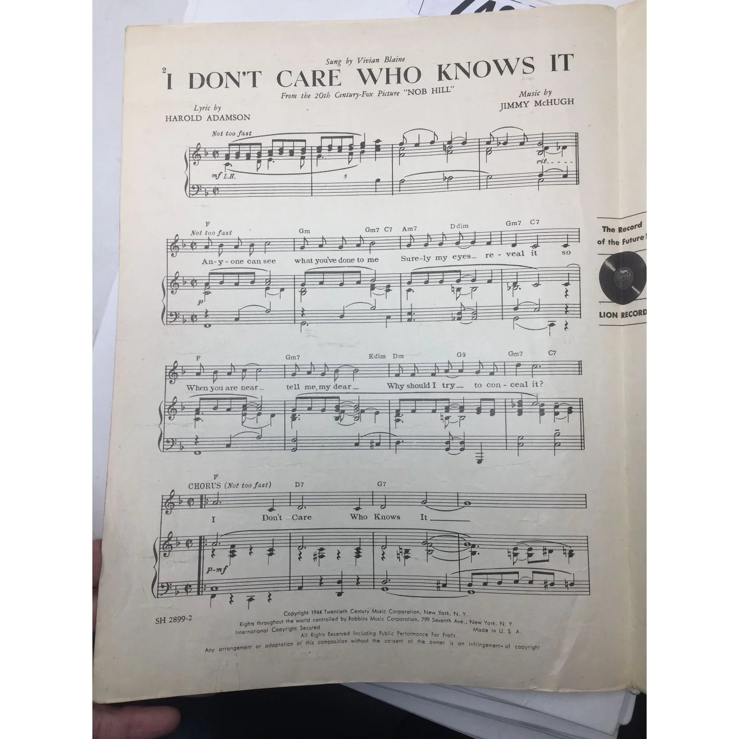 ''I don't care who knows it'' Vintage Sheet Music - A+ Stuff - SHEET MUSIC - A+ Stuff