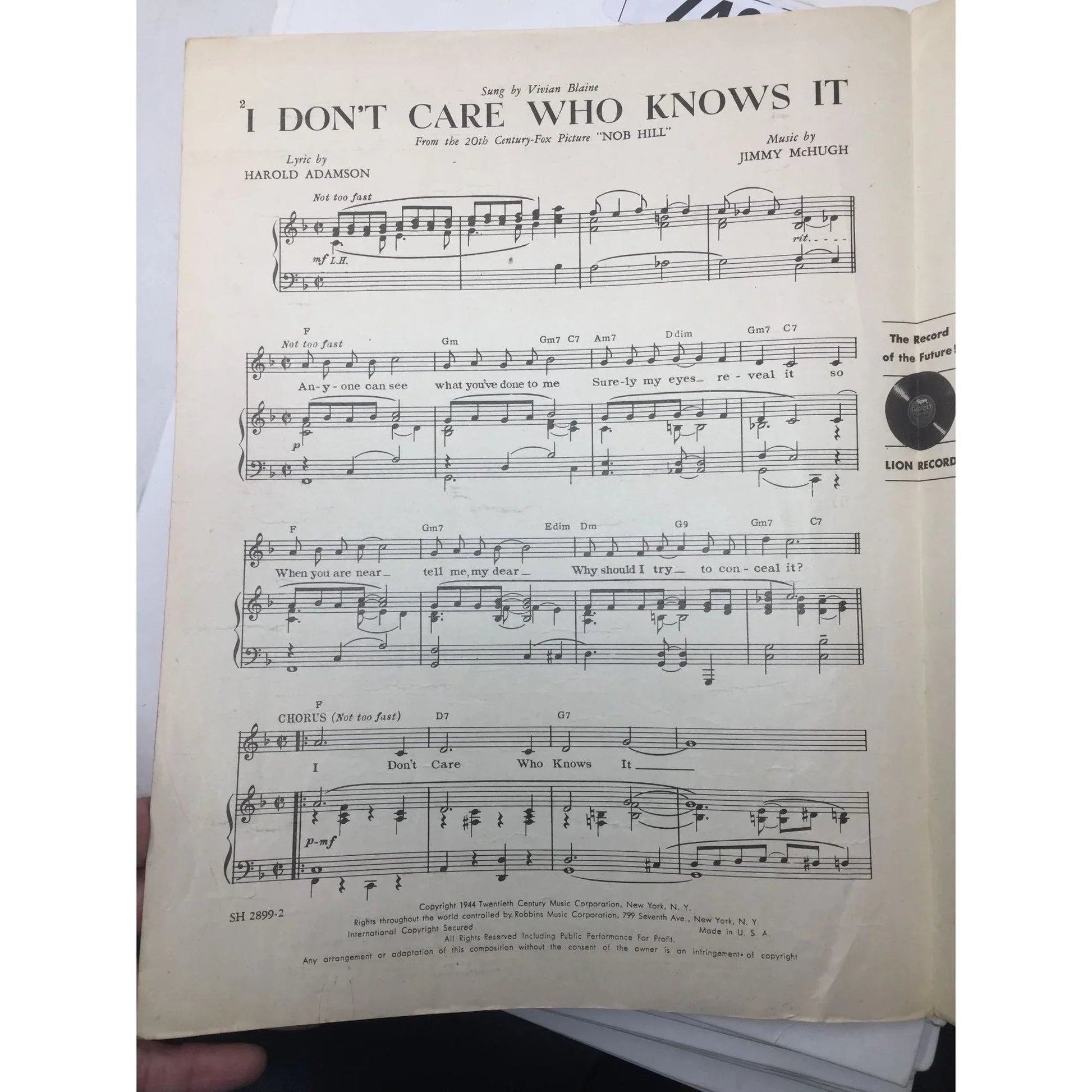 ''I don't care who knows it'' Vintage Sheet Music - A+ Stuff - SHEET MUSIC - A+ Stuff