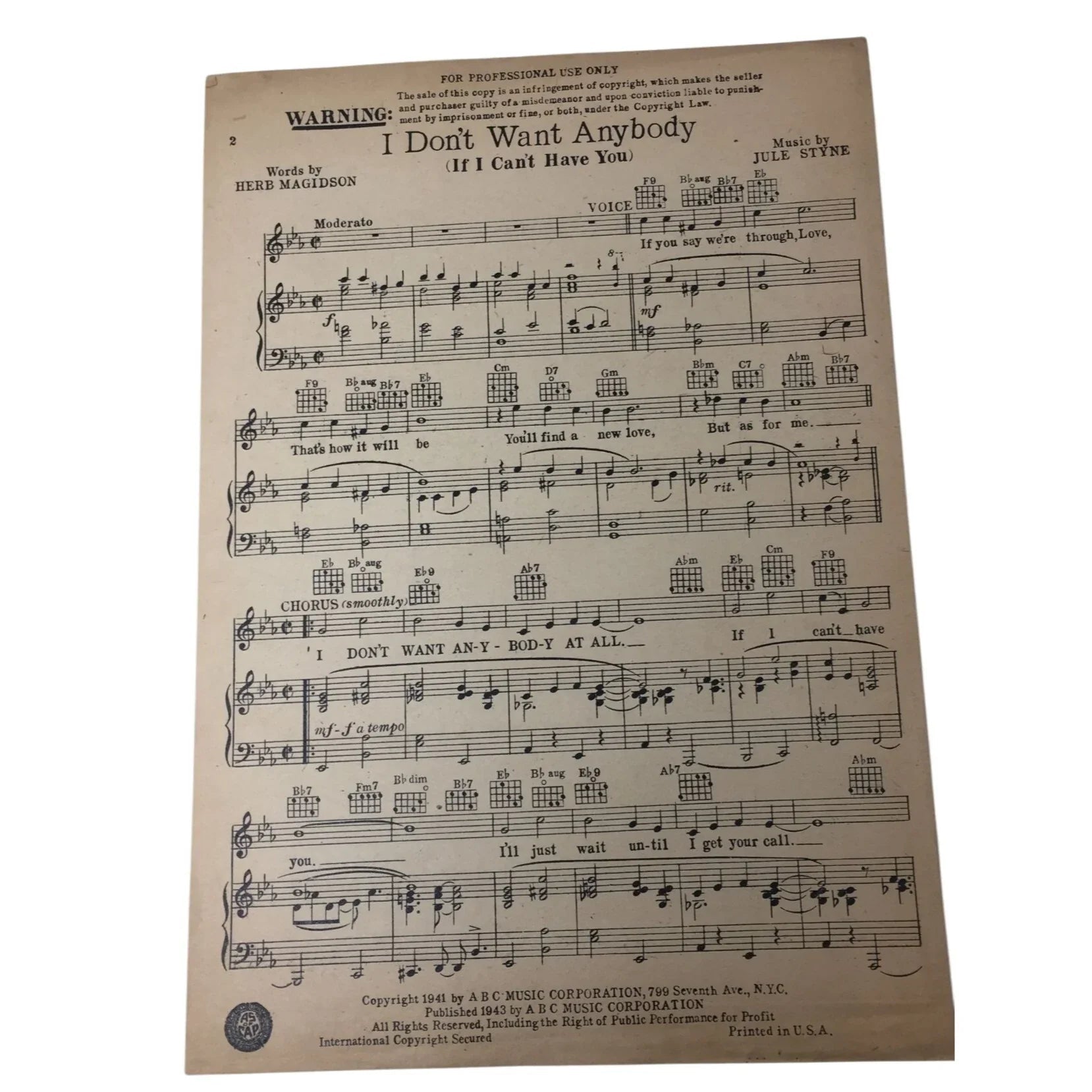 ''I Don't Want Anybody (If I Can't Have You)'' Vintage 1941 sheet music - A+ Stuff - sheet music - A+ Stuff