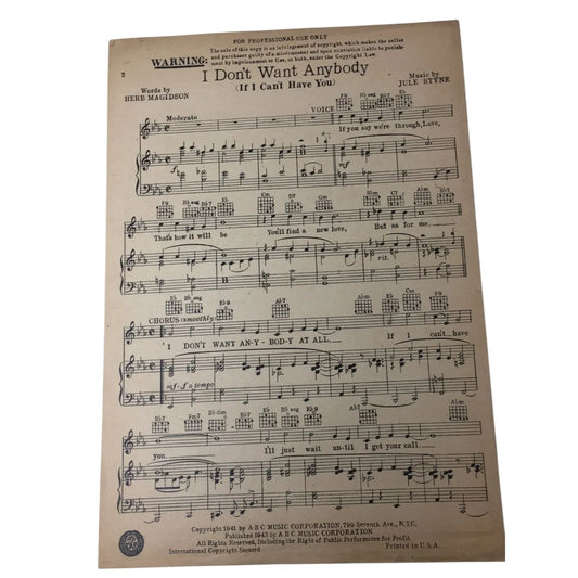 ''I Don't Want Anybody (If I Can't Have You)'' Vintage 1941 sheet music - A+ Stuff - sheet music - A+ Stuff