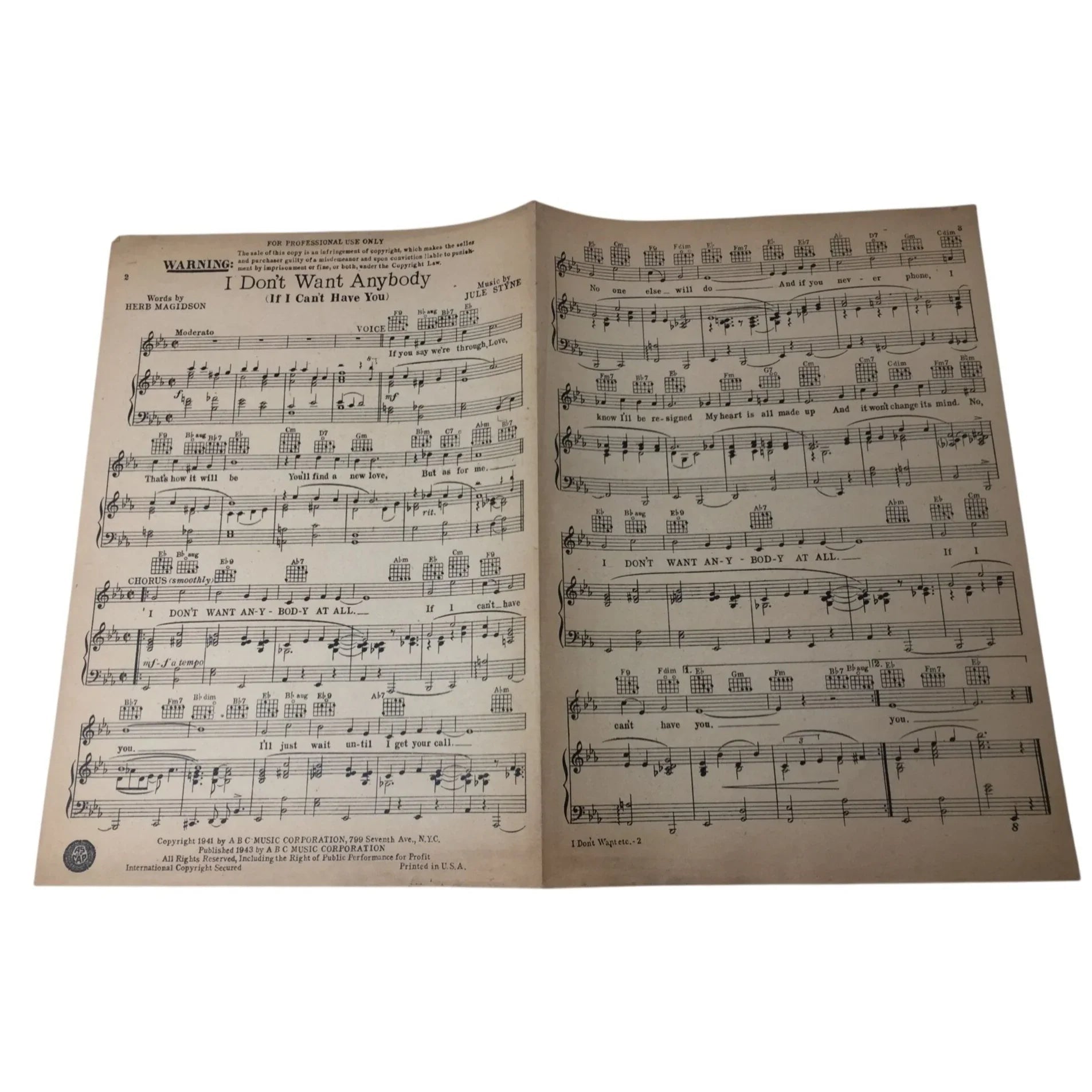 ''I Don't Want Anybody (If I Can't Have You)'' Vintage 1941 sheet music - A+ Stuff - sheet music - A+ Stuff