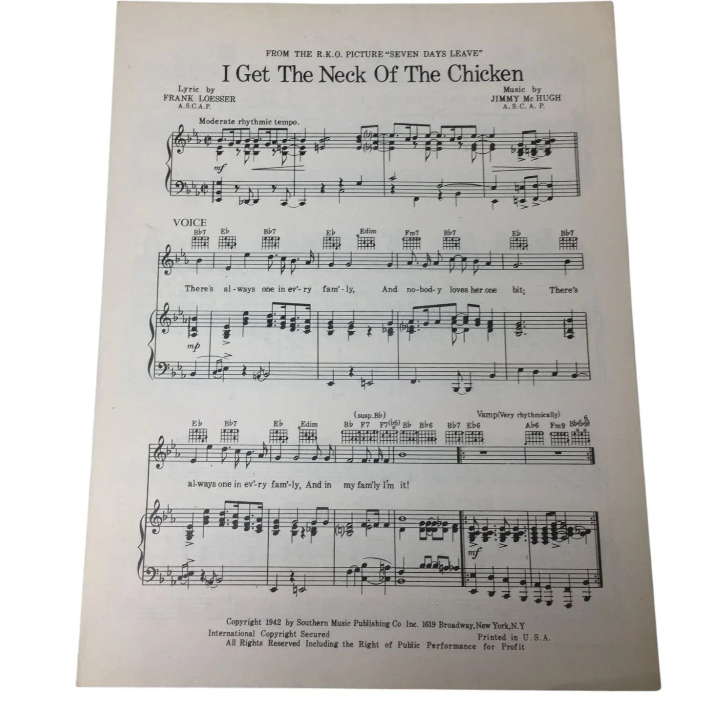 ''I Get The Neck Of The Chicken'' Vintage 1942 Sheet Music - A+ Stuff - SHEET MUSIC - A+ Stuff