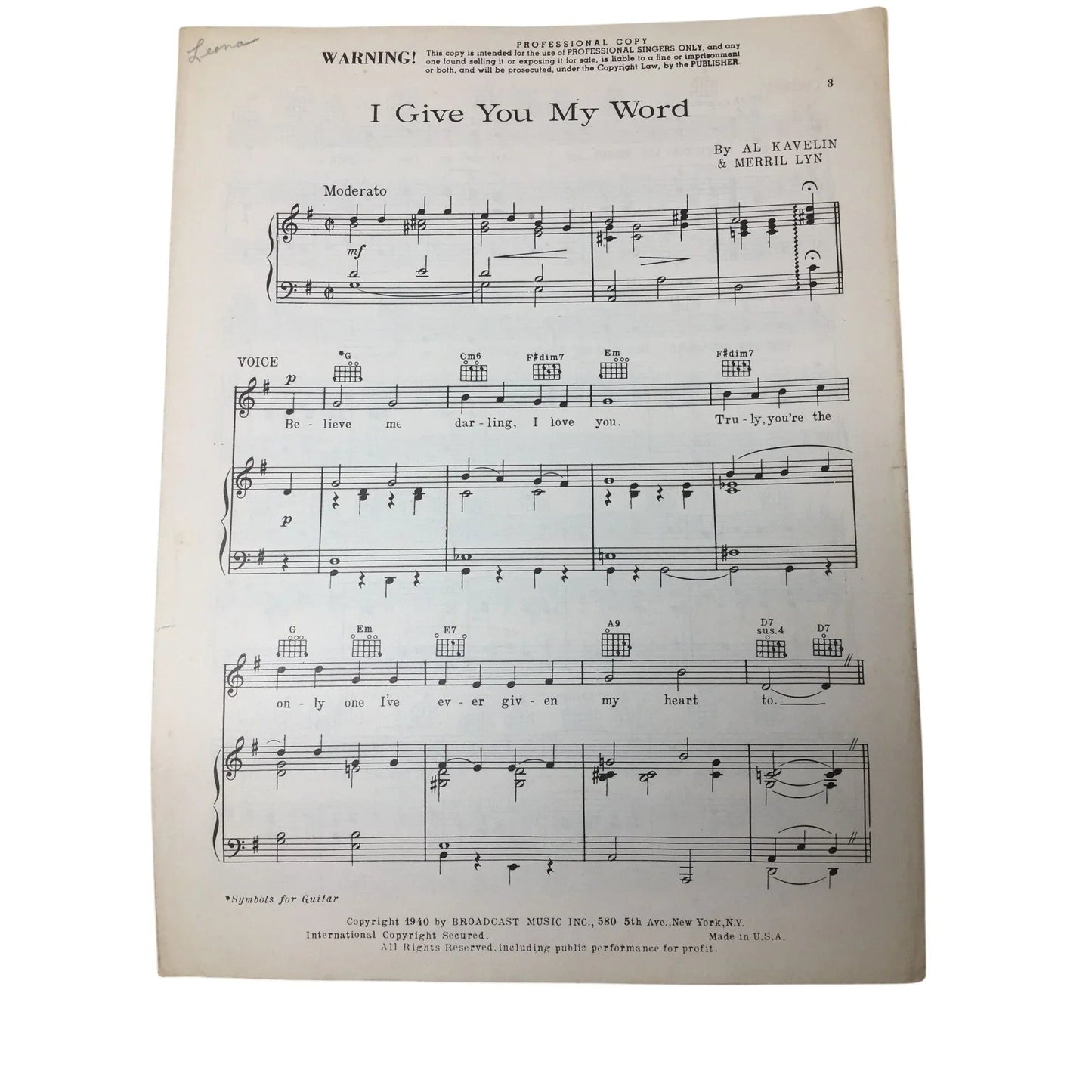 ''I GIVE YOU MY WORD'' by Al Kavelin and Merril Lyn - A+ Stuff - Sheet Music - A+ Stuff