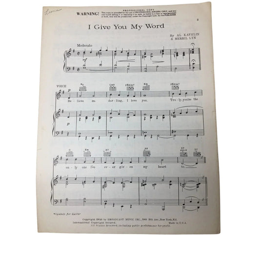 ''I GIVE YOU MY WORD'' by Al Kavelin and Merril Lyn - A+ Stuff - Sheet Music - A+ Stuff