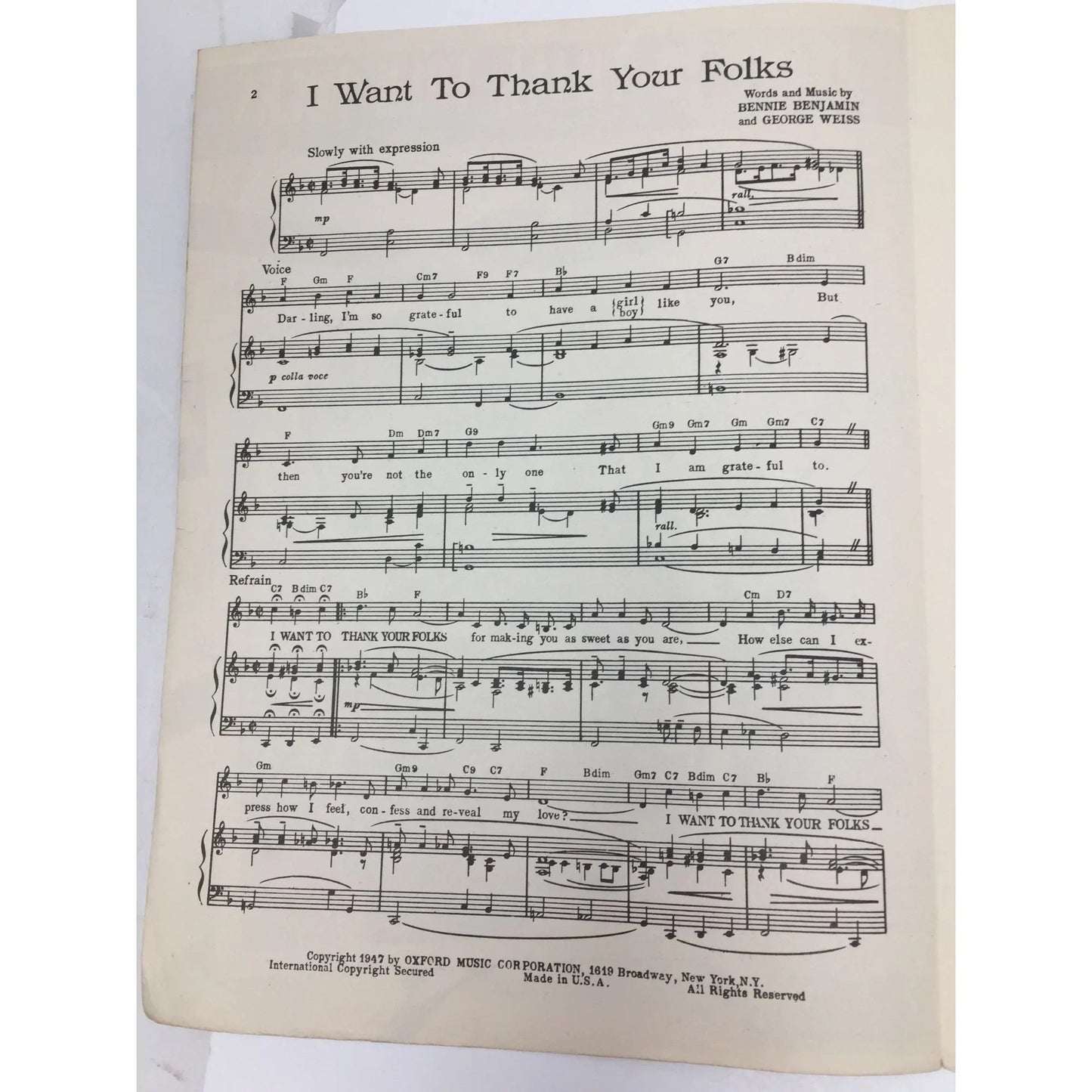 ''I WANT TO THANK YOUR FOLKS'' Vintage sheet music - A+ Stuff - SHEET MUSIC - A+ Stuff