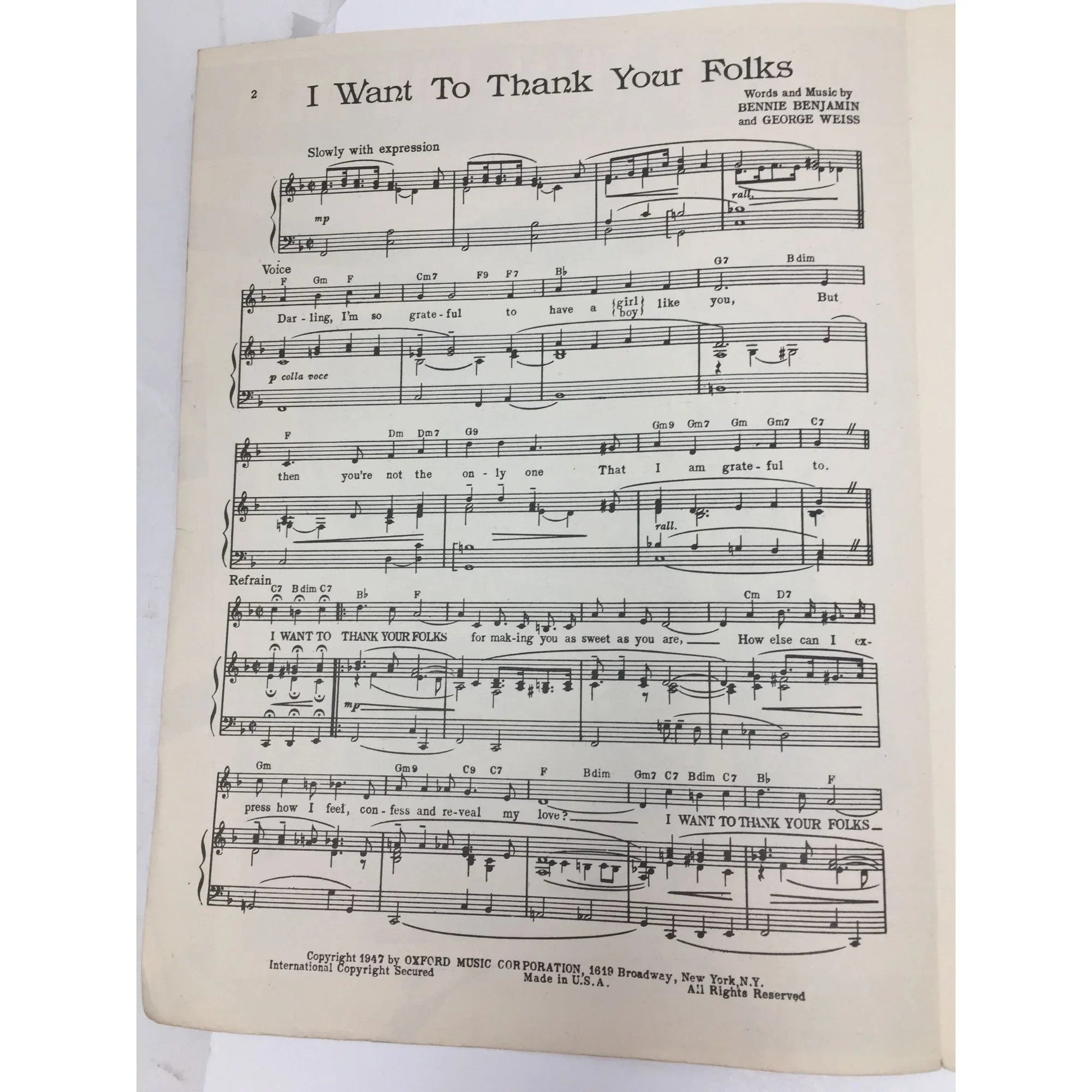 ''I WANT TO THANK YOUR FOLKS'' Vintage sheet music - A+ Stuff - SHEET MUSIC - A+ Stuff