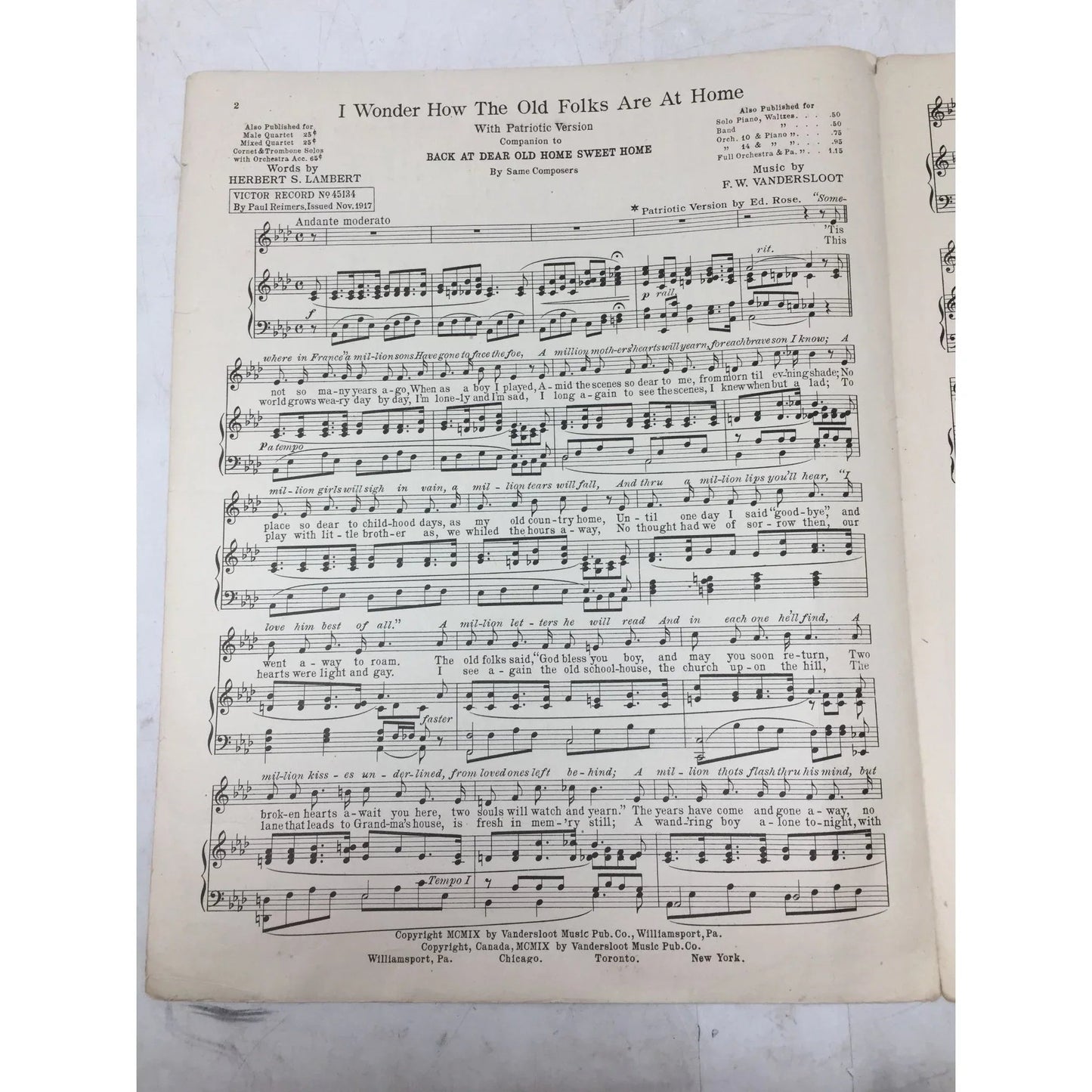 ''I Wonder How The Old Folks Are At Home'' Vintage Sheet Music Book - A+ Stuff - SHEET MUSIC - A+ Stuff