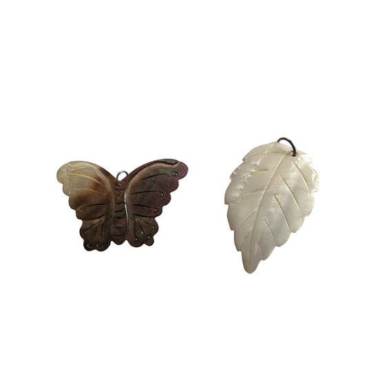 Women's Carved Shell Butterfly and Leaf Pendant Necklace
