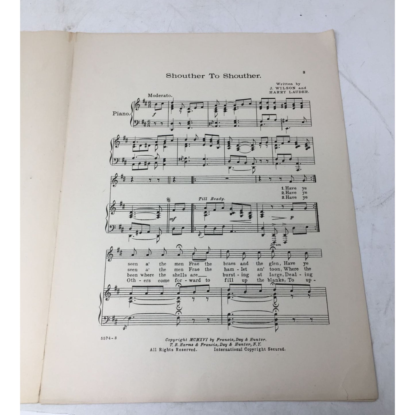 Antique Sheet Music Book - ''Shouther to Shouther'' by J Wilson & Harry Lauder
