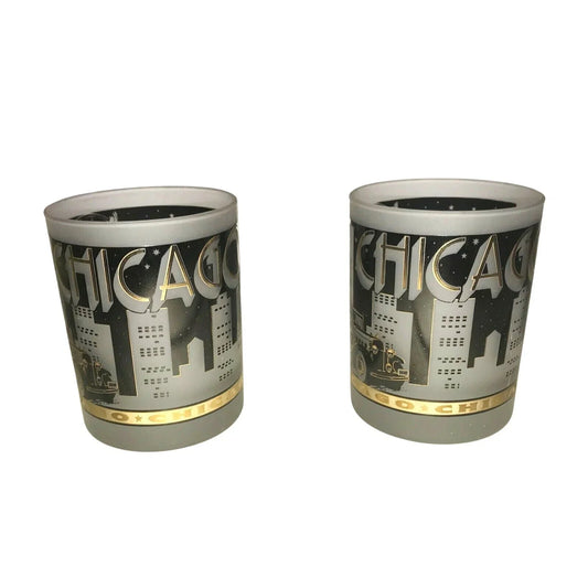 CHICAGO Tumblers SOUVENIR Gold and Black w Frosted Glass Chicago  A+ Stuff Glass