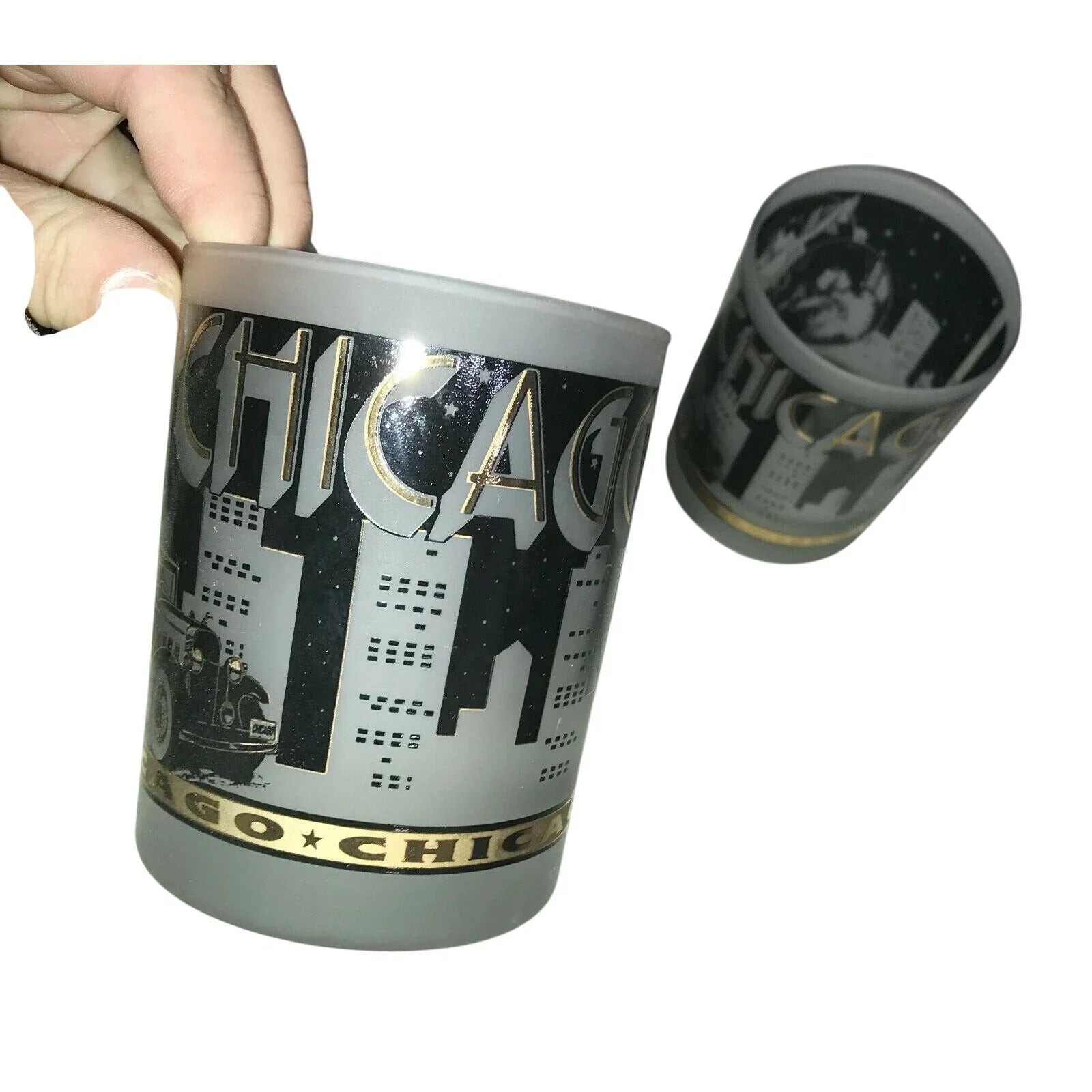 CHICAGO Tumblers SOUVENIR Gold and Black w Frosted Glass Chicago  A+ Stuff Glass