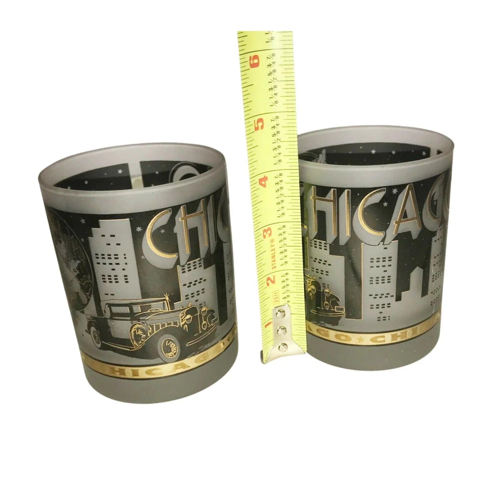 CHICAGO Tumblers SOUVENIR Gold and Black w Frosted Glass Chicago  A+ Stuff Glass